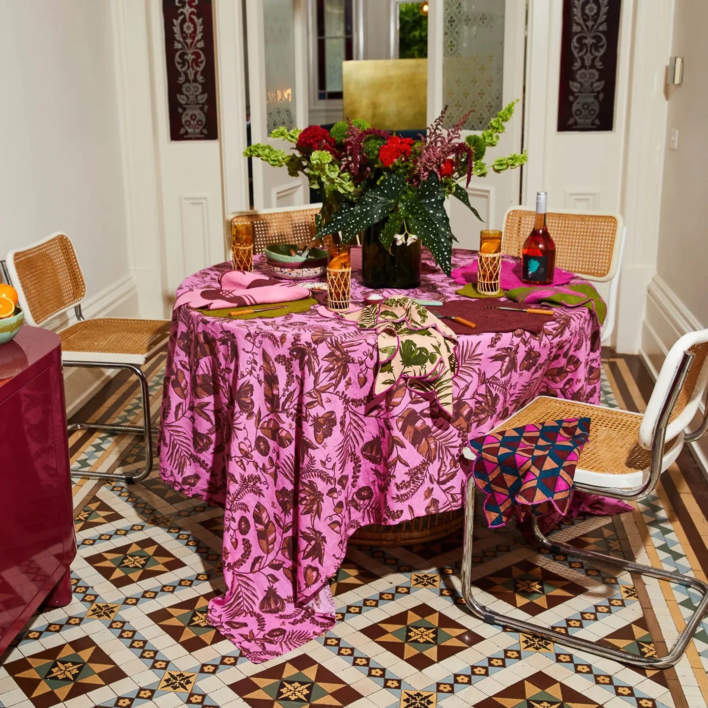 Pink table cloth with brown floral details by Sage & Clare