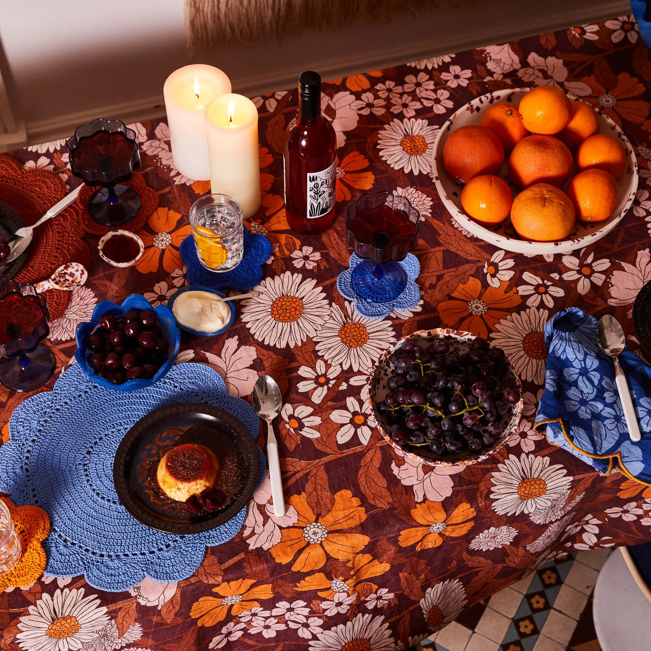 Retro floral benita tablecloth by Sage & Clare with brown and orange colours