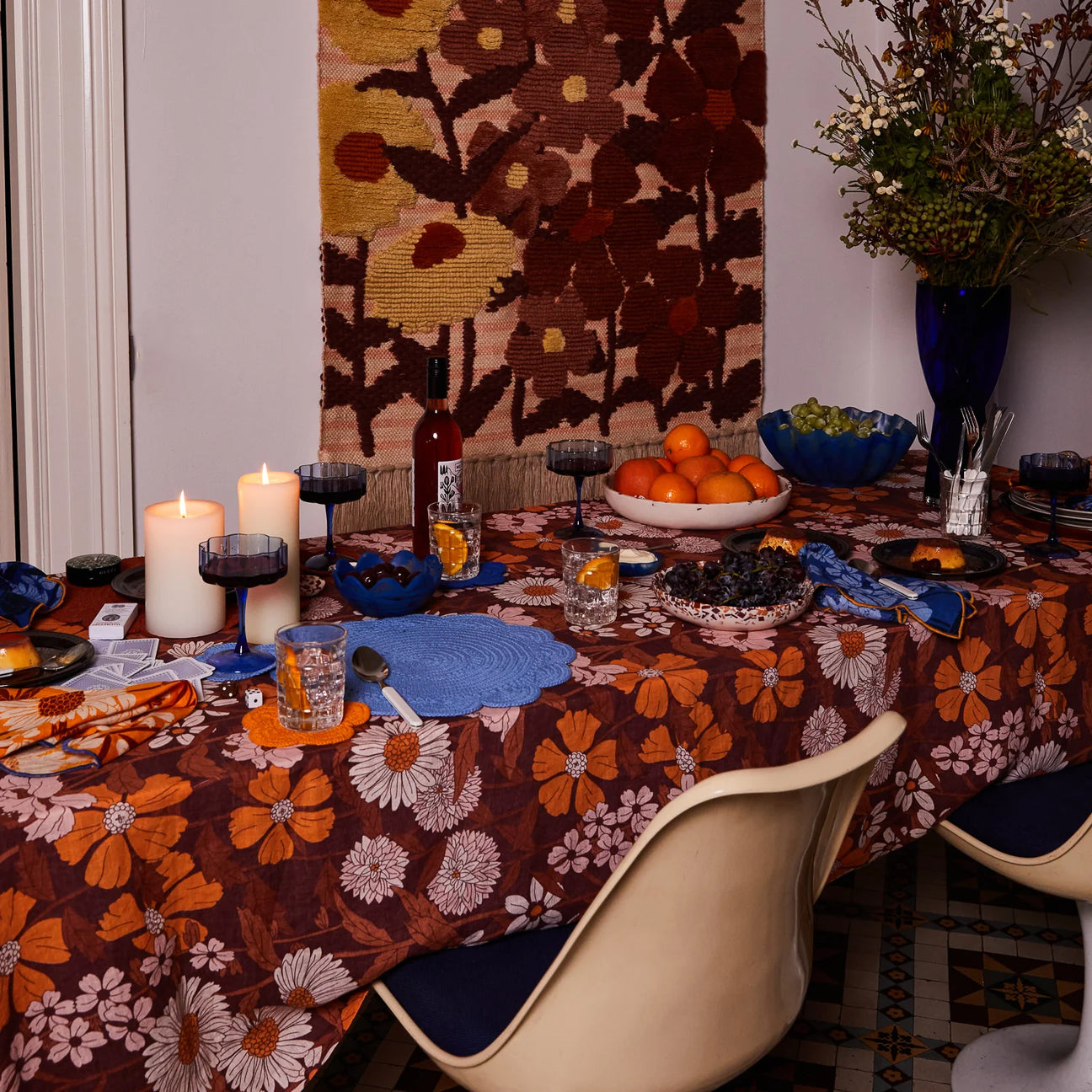 Flower Power retro tablecloth by Sage and Clare - floral pattern in browns, oranges and white. Linen Tablecloth