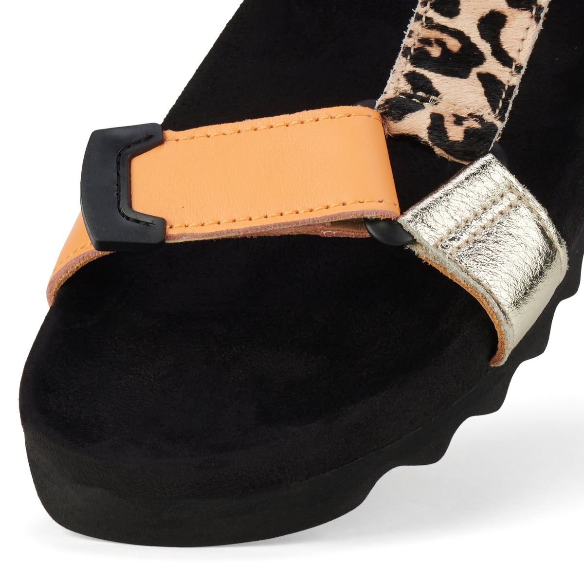 Close up details of womens leather Sandal Tooth Wedge Multi Leopard by Rollie