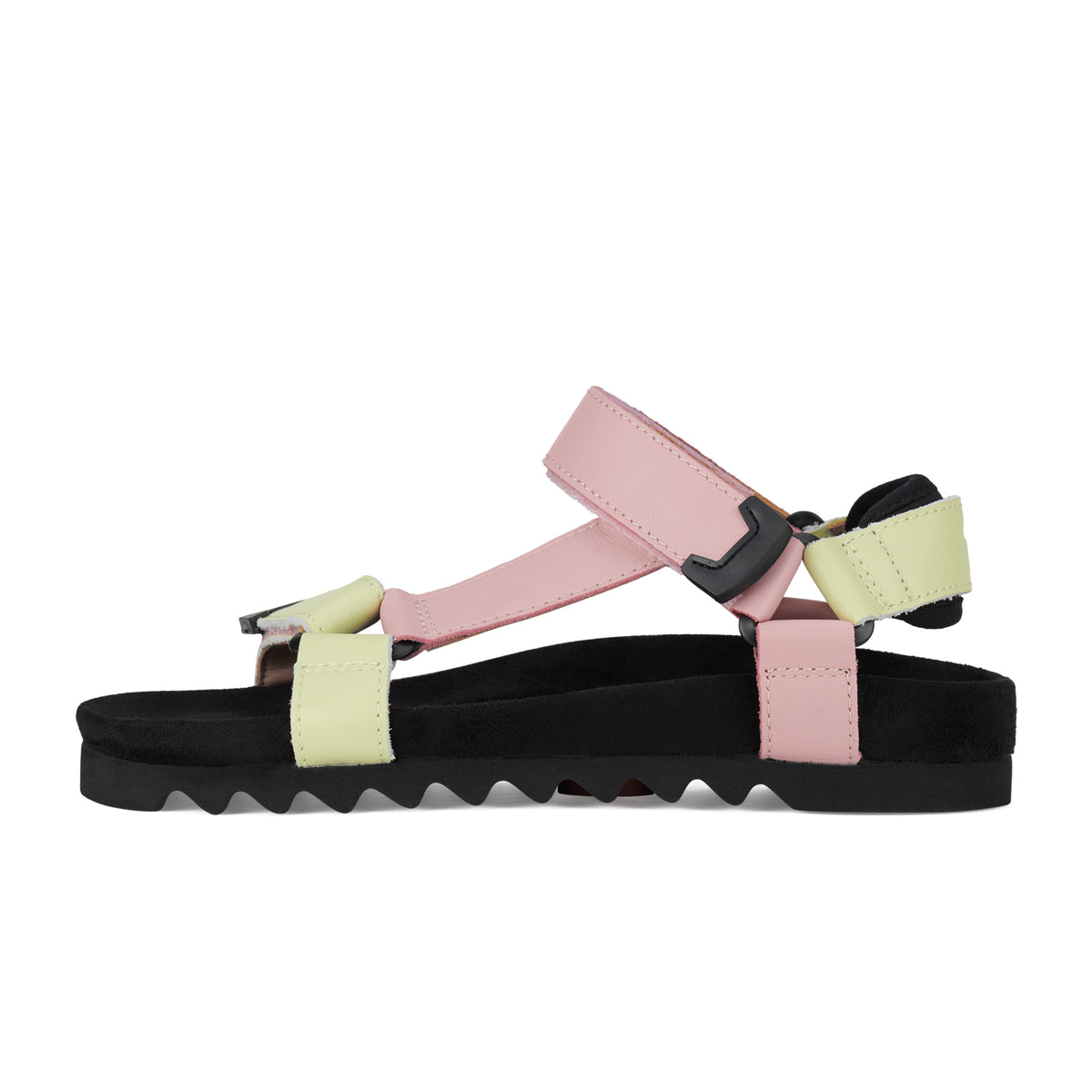 Sandal Tooth Wedge Sorbet by Rollie with pink & lime coloured leather straps