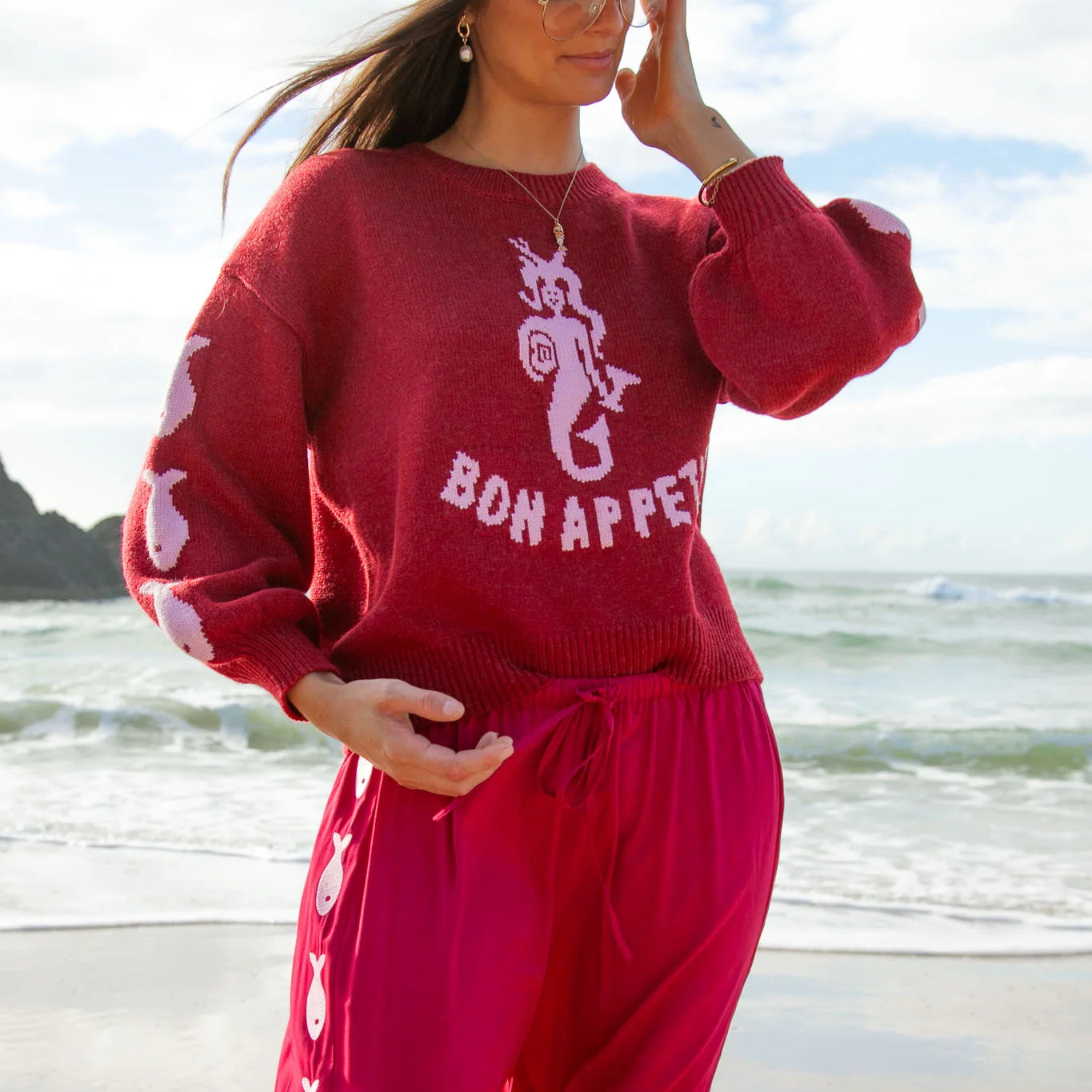 Eco Rayon maroon and pink Sardine Womens Pants by Palm Collective