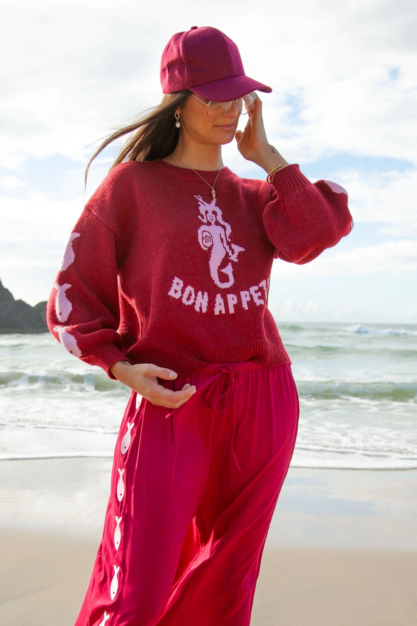 Eco Rayon maroon and pink Sardine Womens Pants by Palm Collective