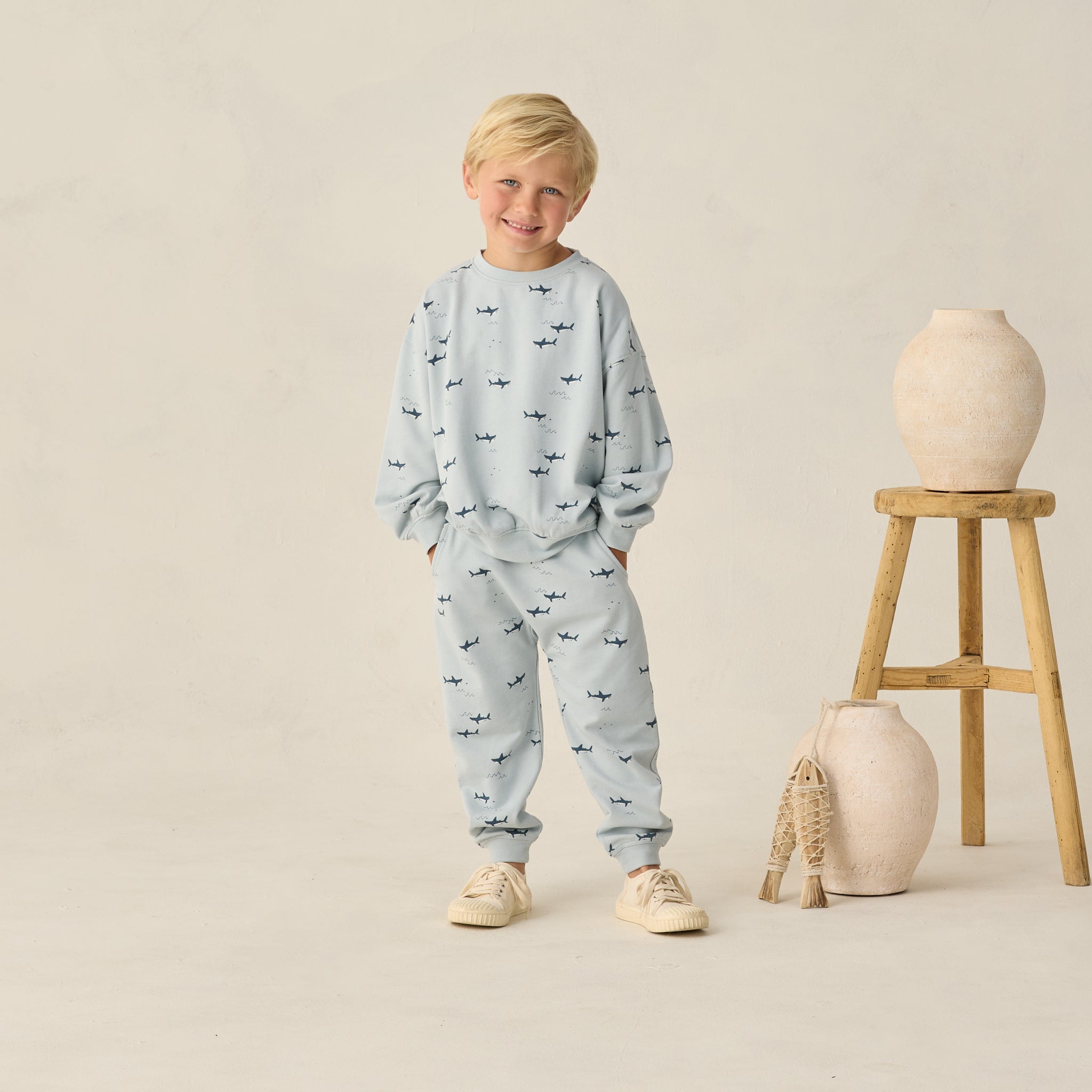 Boy in the matching top with the Sweatpant sharks | Rylee + Cru