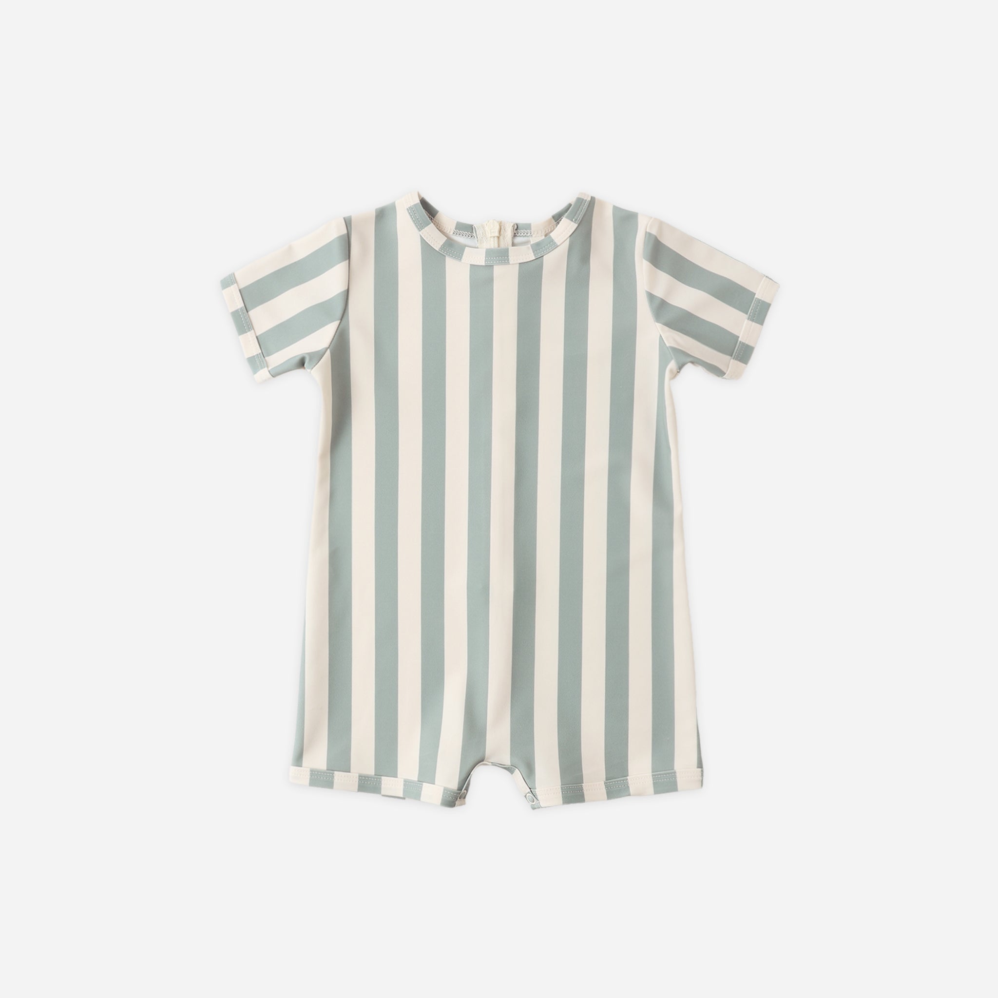 Front view of the Shorty One-Piece Green Stripe | Rylee + Cru
