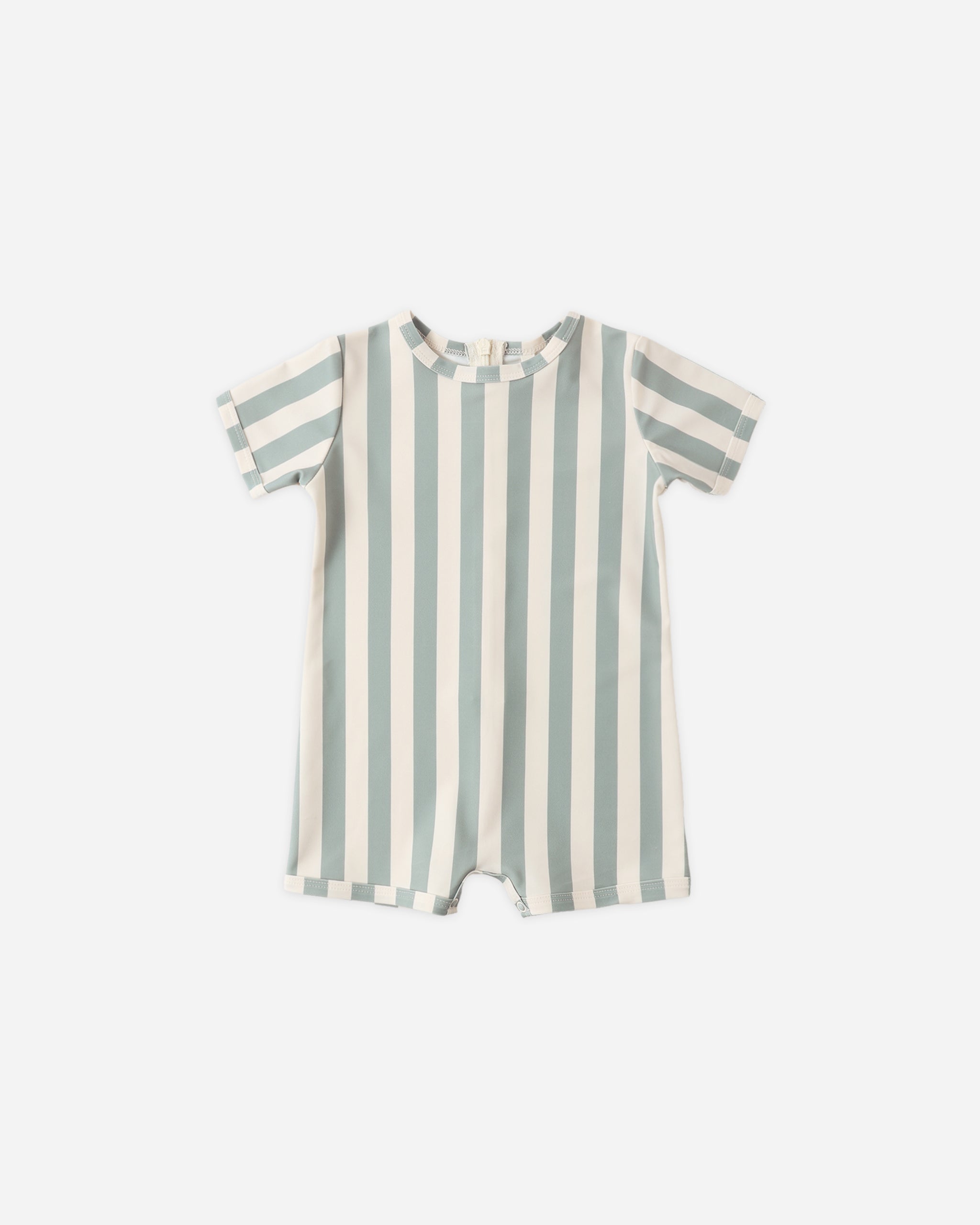 Front view of the Shorty One-Piece Green Stripe | Rylee + Cru
