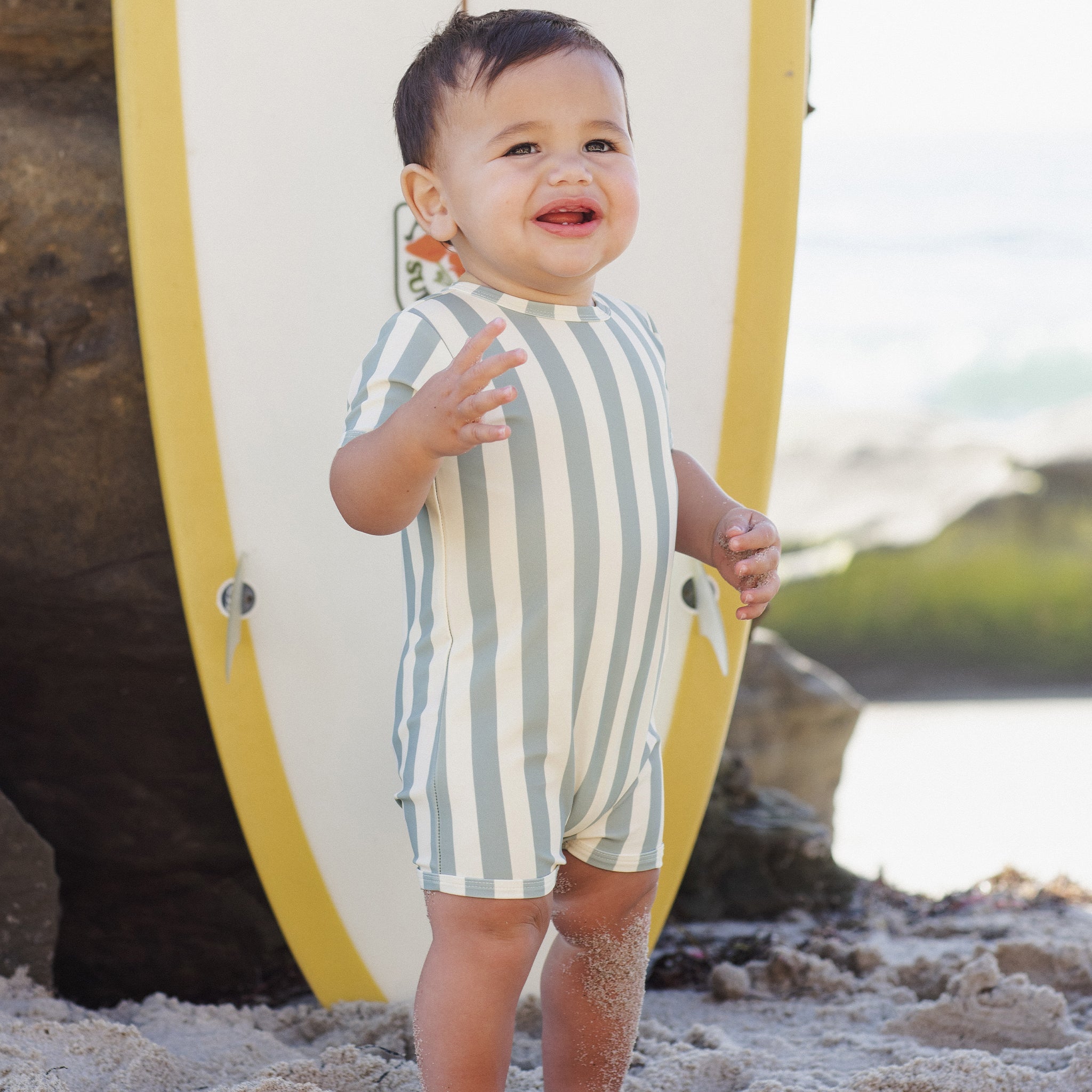 Toddler in the Shorty One-Piece Green Stripe | Rylee + Cru