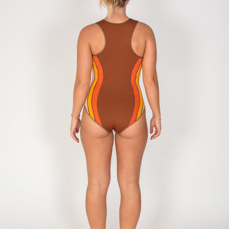 back view of Shoulder Closure Onesie in Sunset by Atmosea