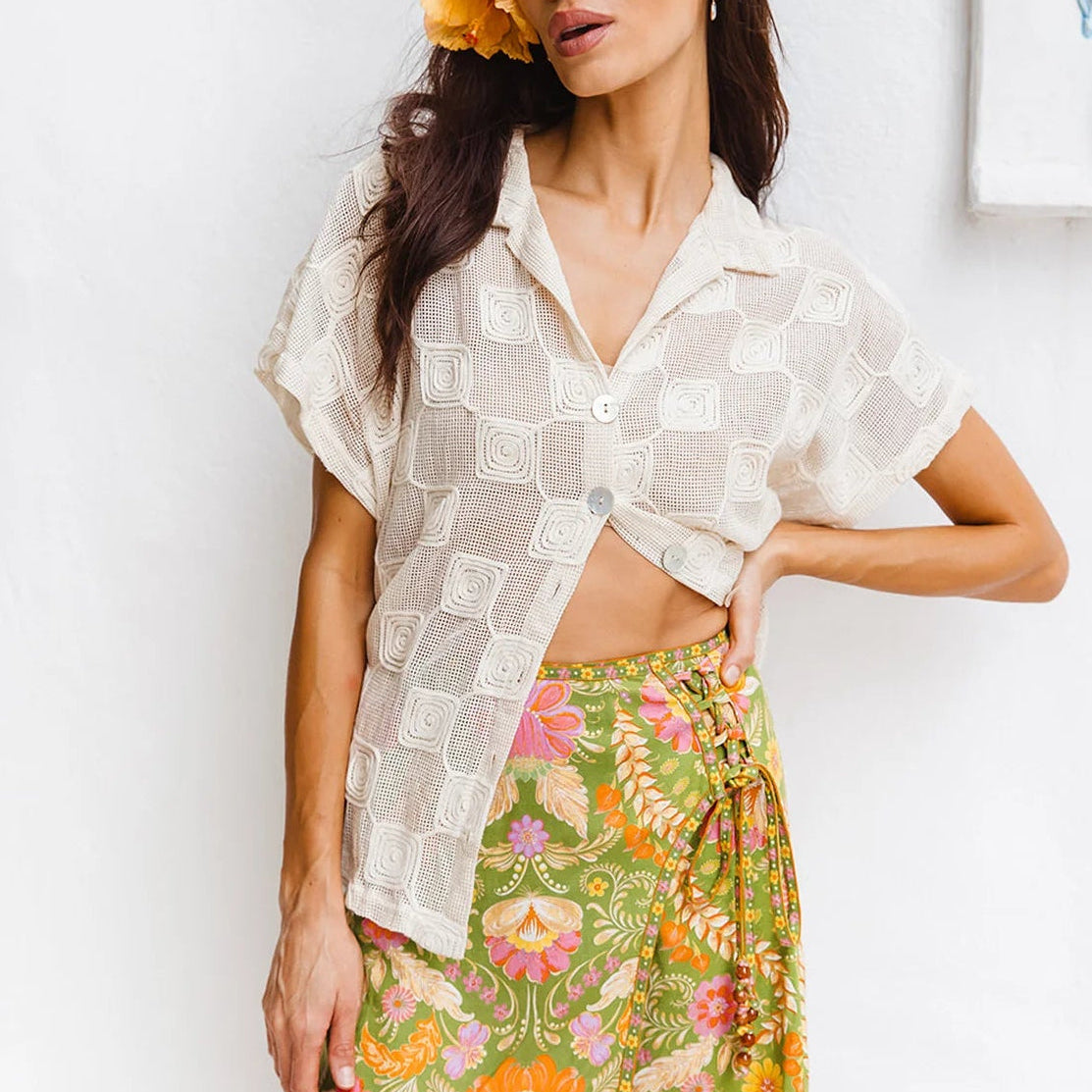 Sierra Shirt Blanc by Nine Lives Bazaar white lace netted short sleeve collared shirt