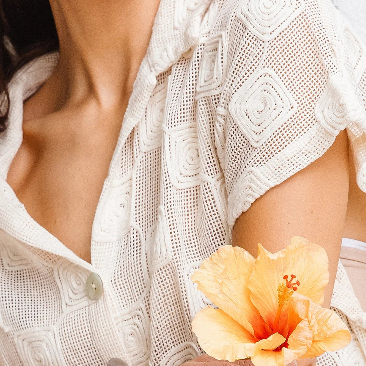 Sierra Shirt front view showing boxy fit shell buttons and intricate lace texture detail