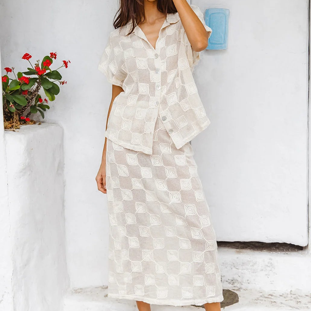 Sierra Shirt Blanc displaying sheer netted fabric and delicate soutache patterns