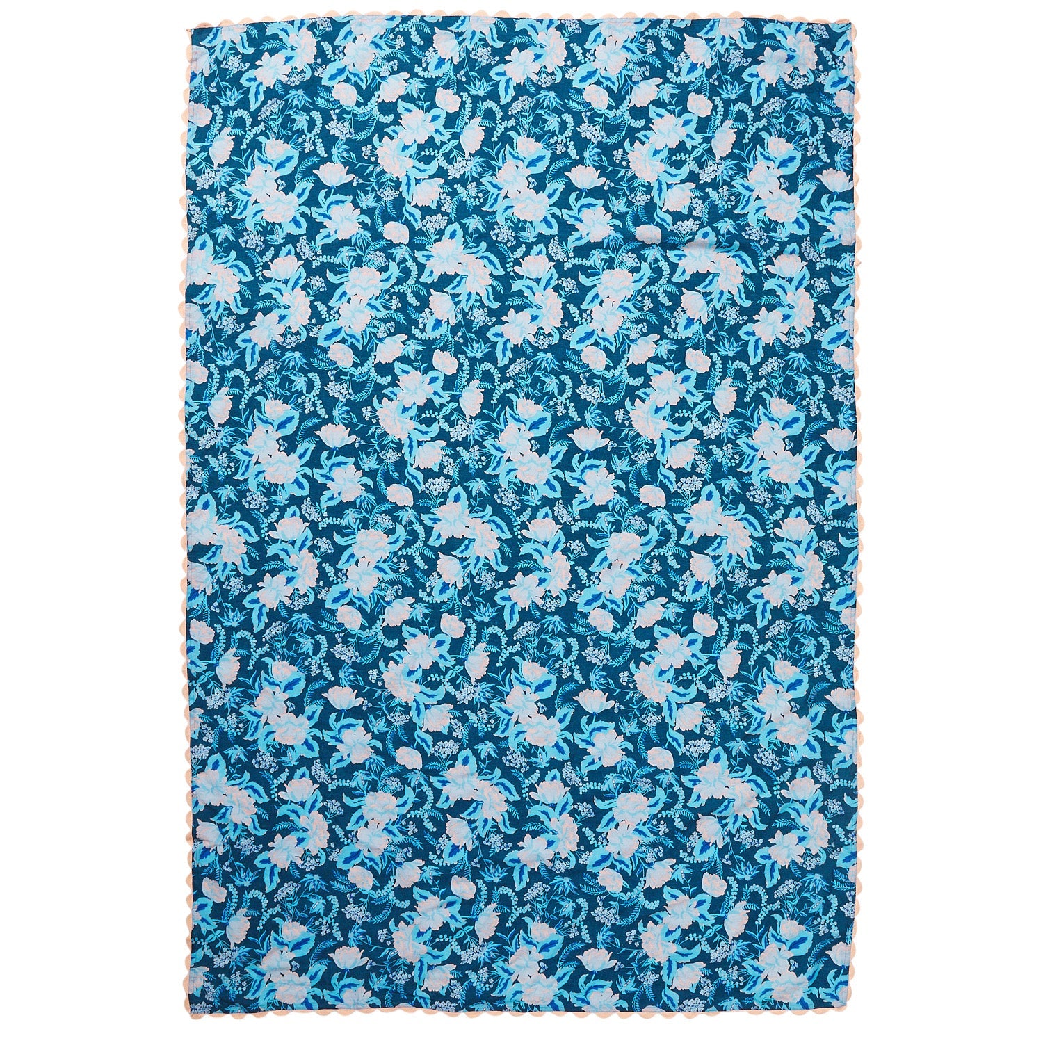 Rectangle teal and blush floral tablecloth with peach scalloped border, full flat-lay