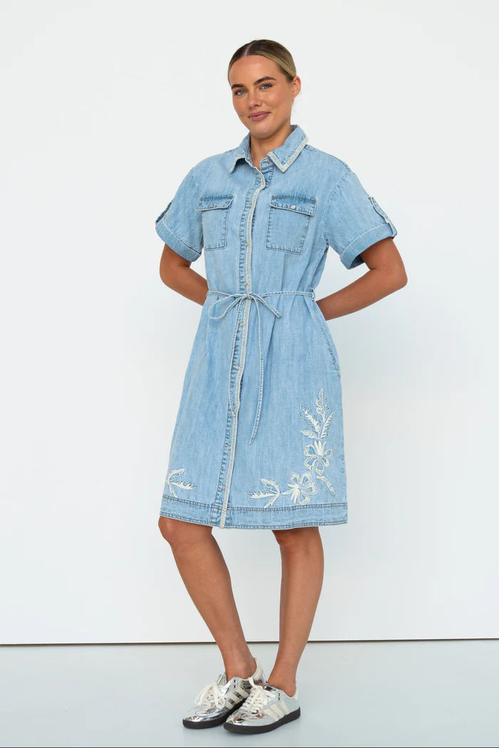 denim dress with white floral embroidery by Kireina