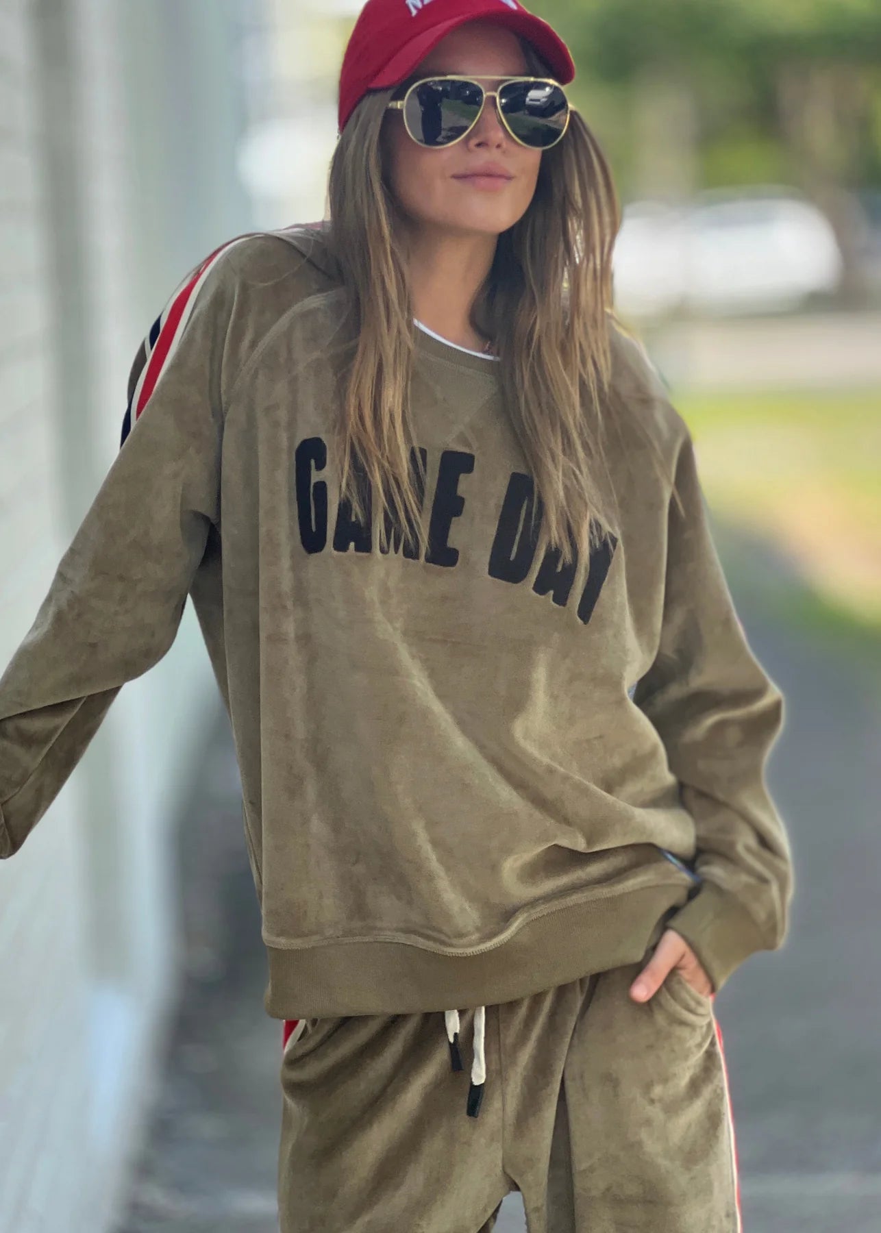 Sporty Velvour Sweat Khaki by Hammill & Co with 'Game Day' applique on front