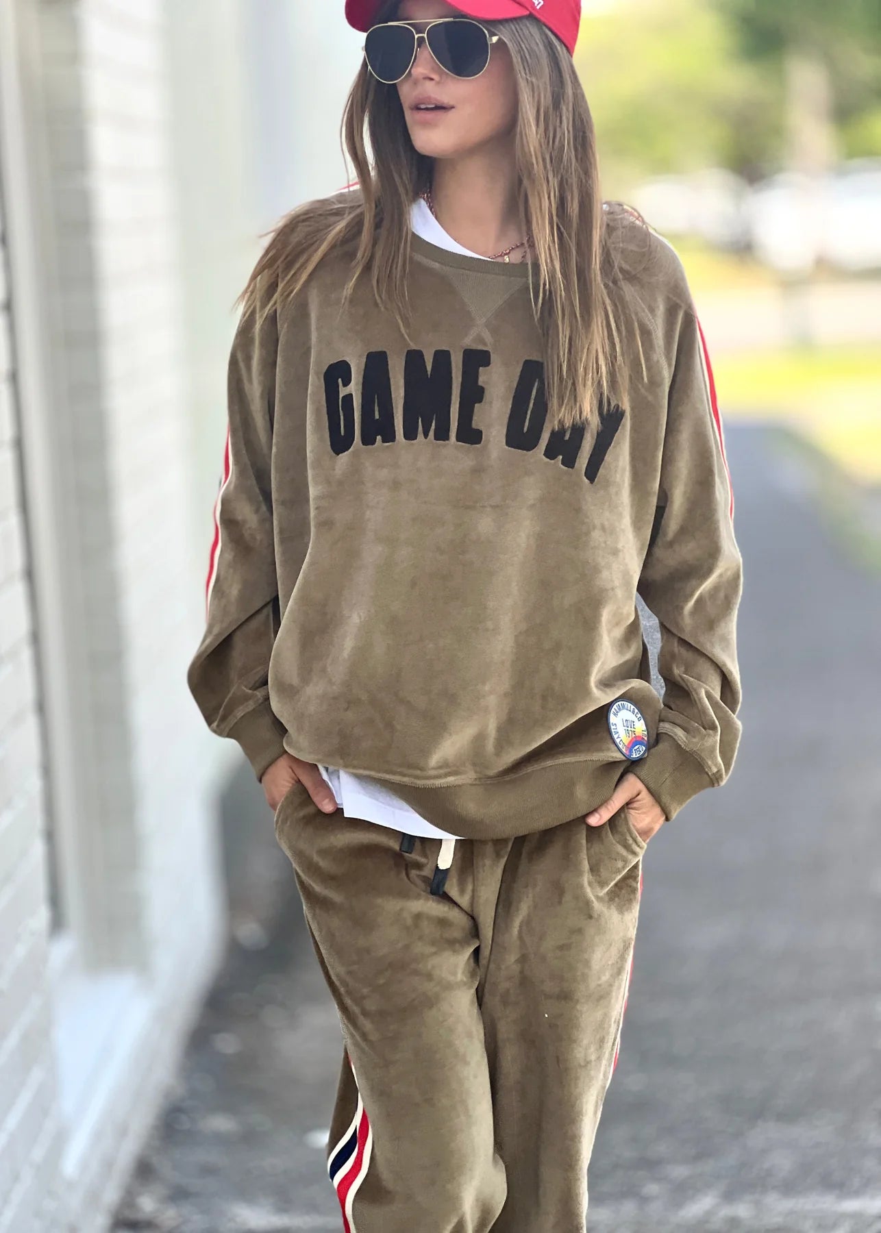 Model wearing "Sporty Velour Sweat - Khaki" by Hammill & Co