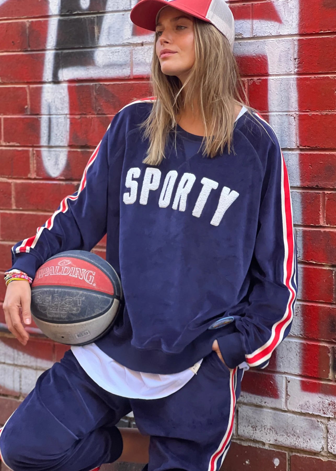 Navy sporty velour sweater by Hammill & Co