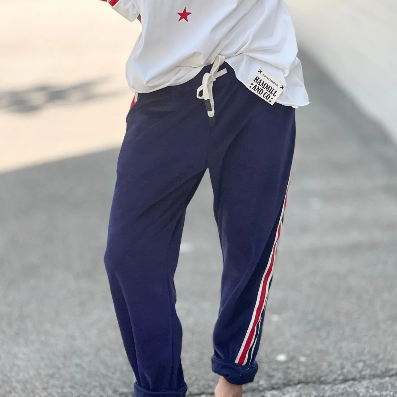 Navy Velvet / Velour Trackpants with red & white stripe