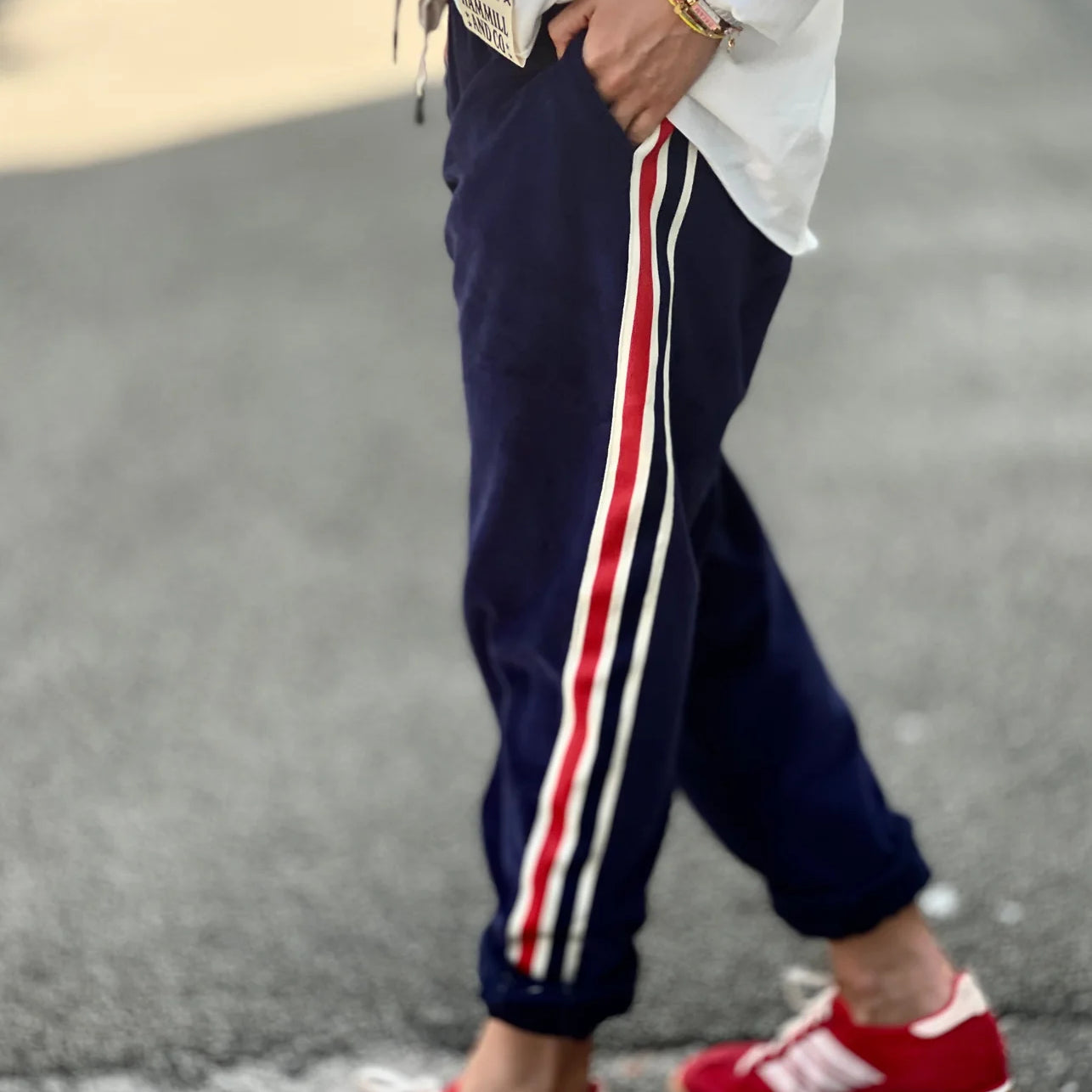 Navy velour sweatpants by Hammill & Co