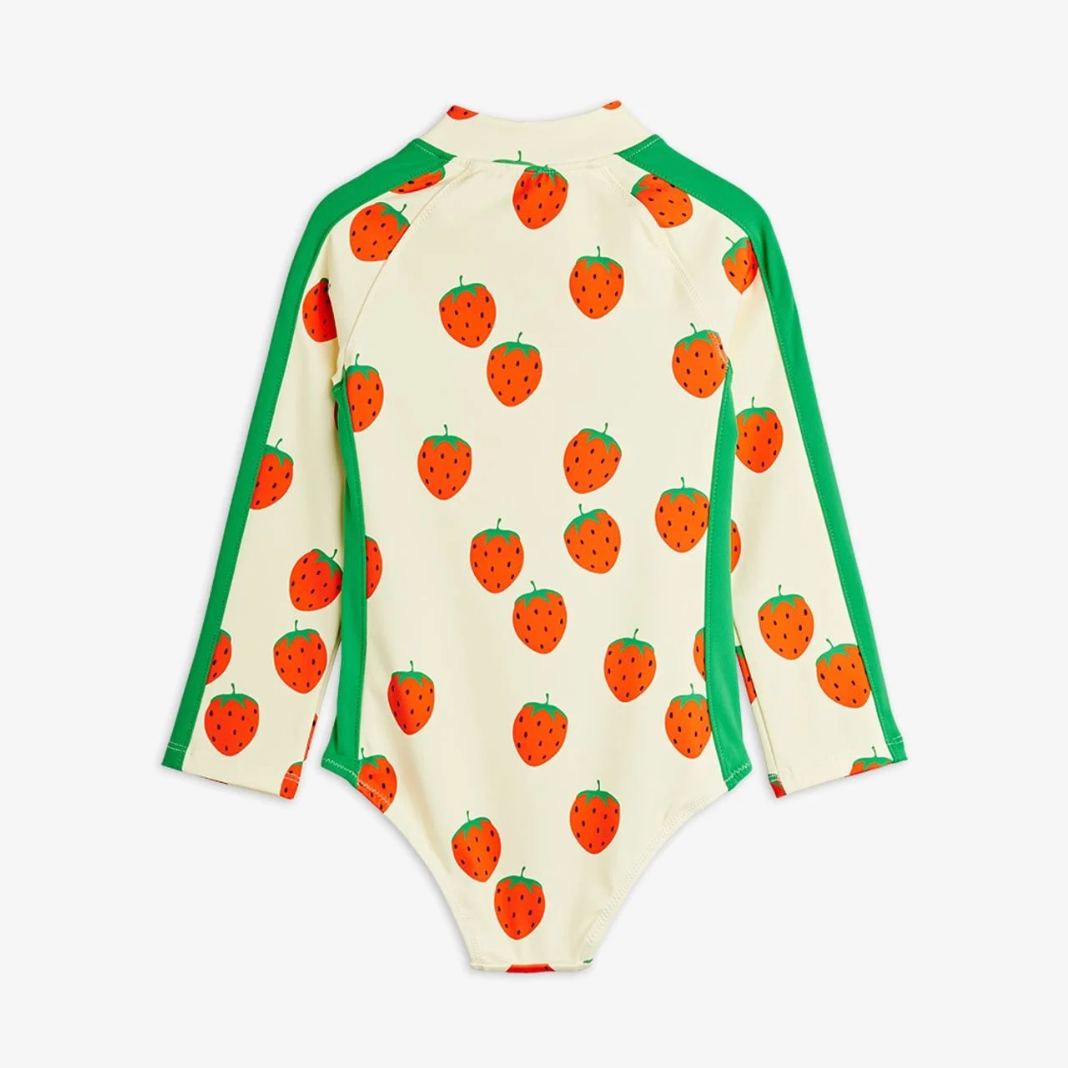 Back view of the Strawberries aop ls uv swimsuit - Off-white| Mini Rodini
