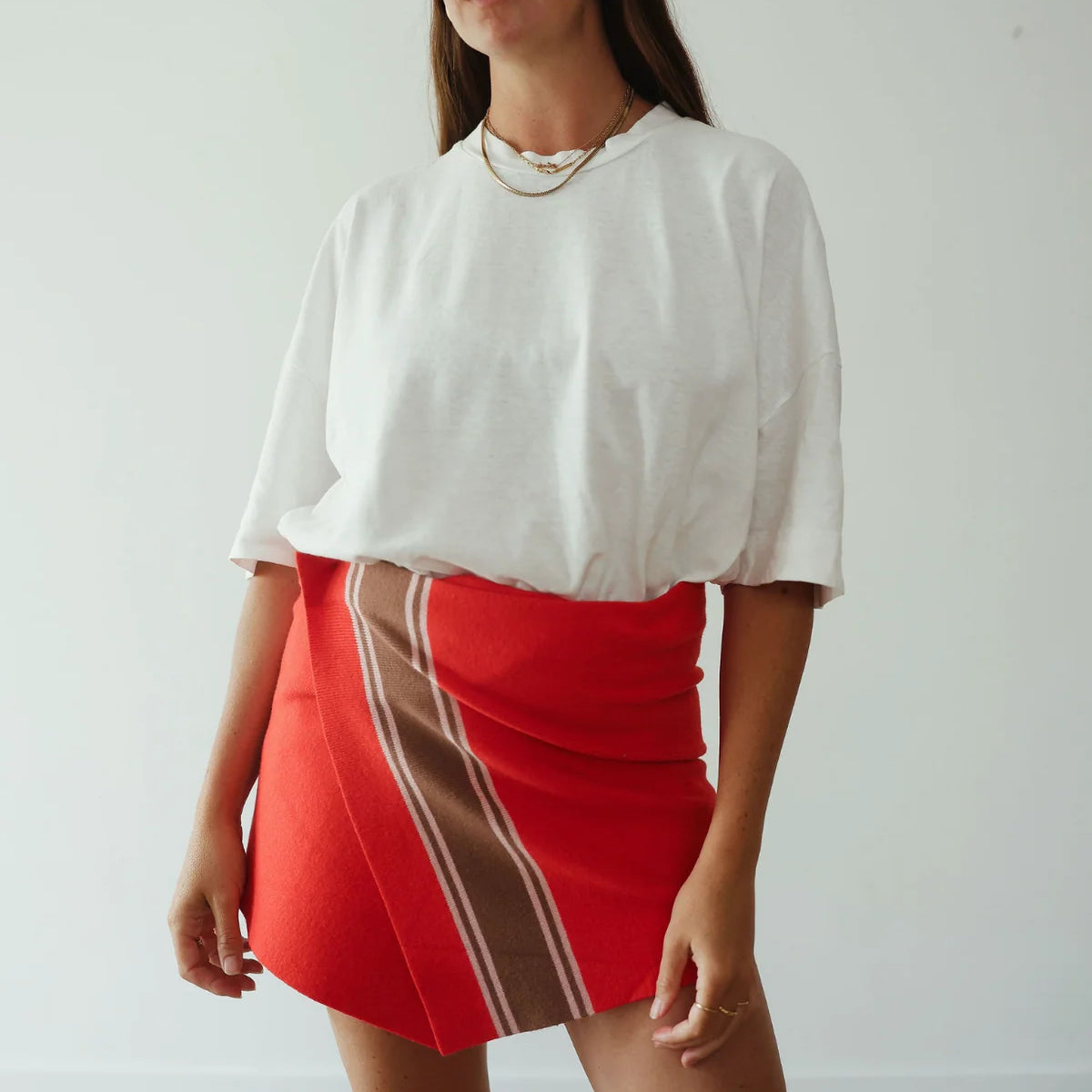 model wearing Stripe Knit Skirt – Red by By Billie