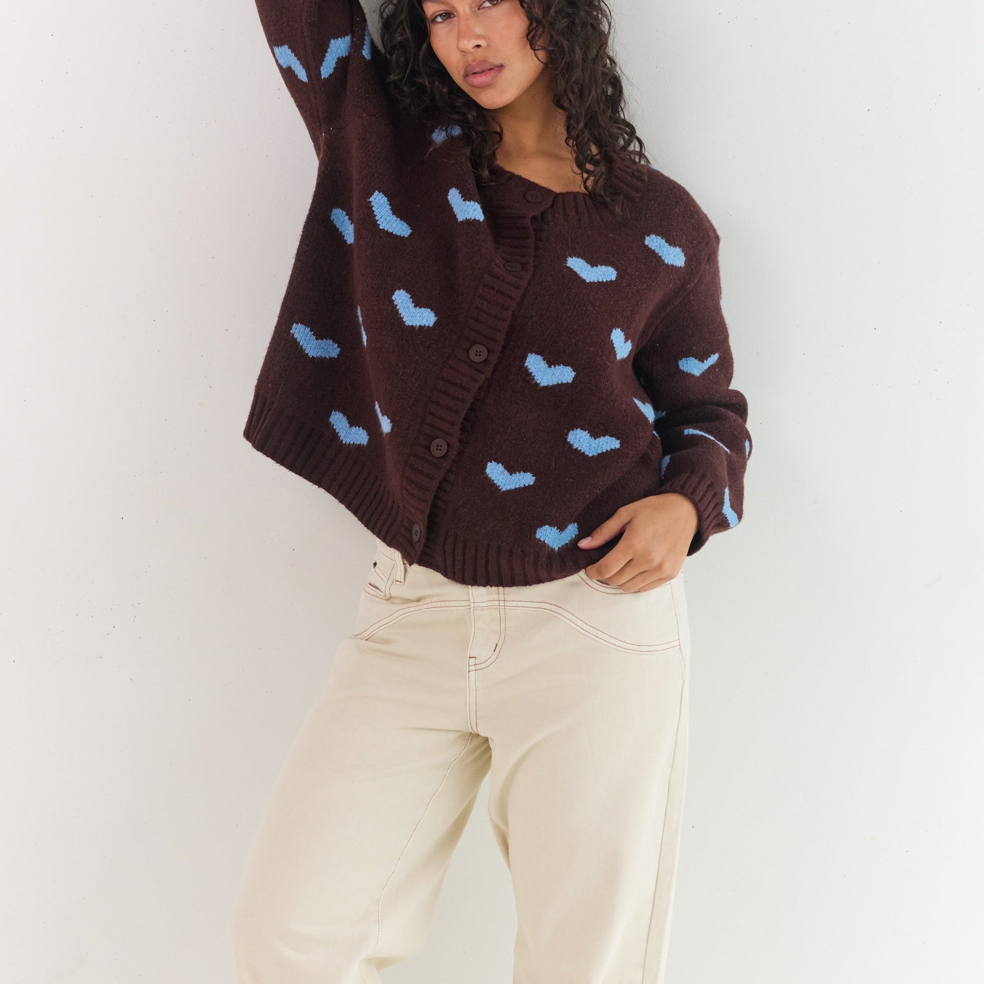 Brown Button up cardigan with blue hearts relaxed fit knitwear online by Juni