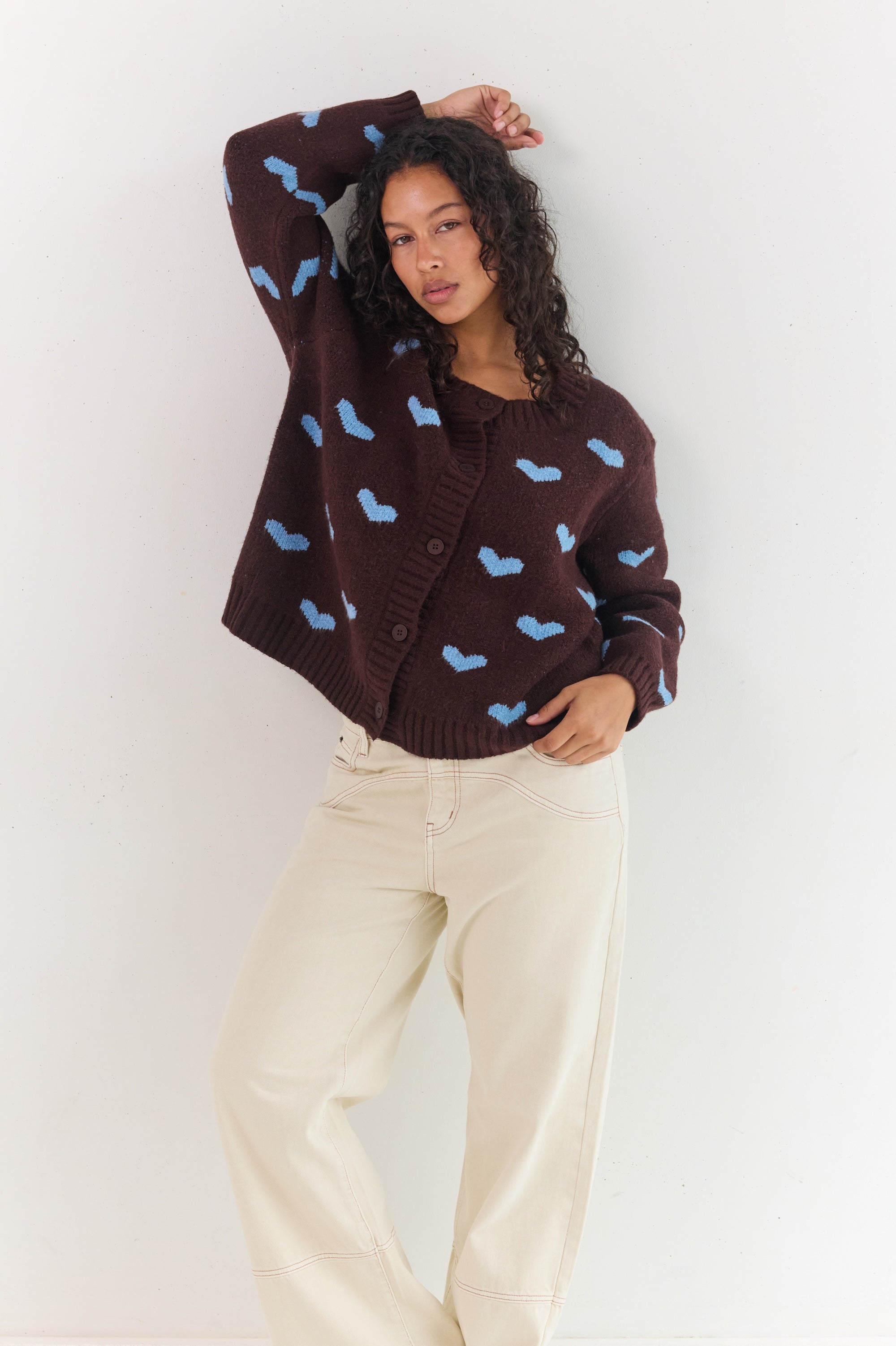 Brown Button up cardigan with blue hearts relaxed fit knitwear online by Juni