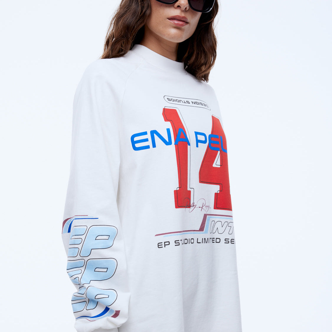 Woman wearing Ena Pelly Team Pelly oversized long sleeve tee lifestyle street style outfit inspiration