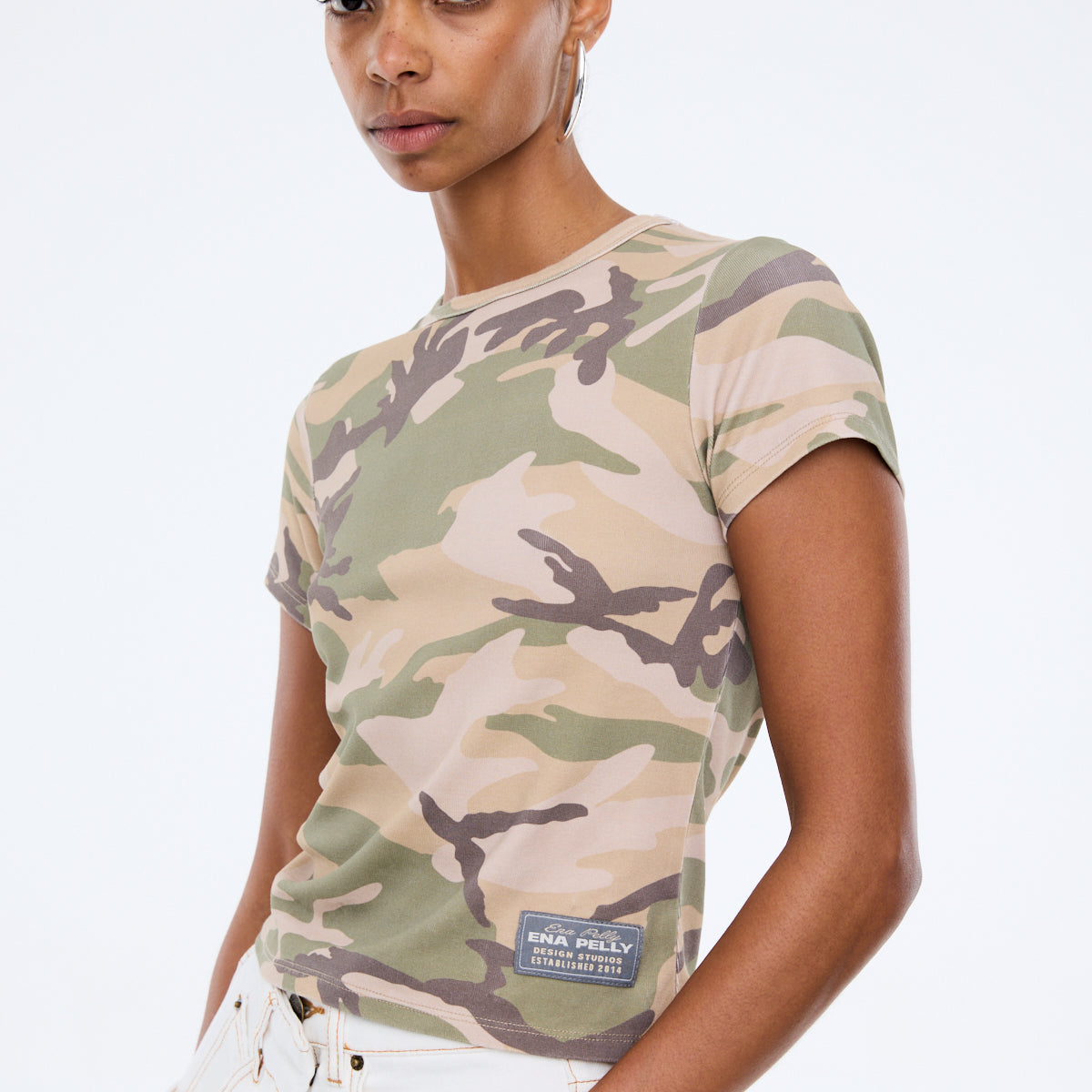 Ena Pelly Tessa fitted crop tee in vintage desert camo print with cap sleeves