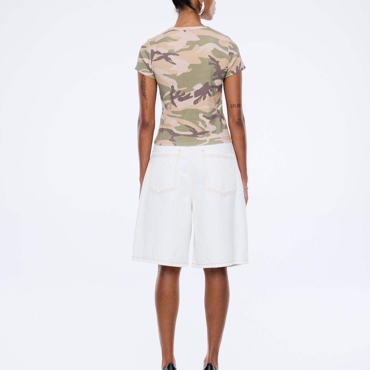 womens shirt with desert camouflage pattern and Ena Pelly branded badge detail on baby tee