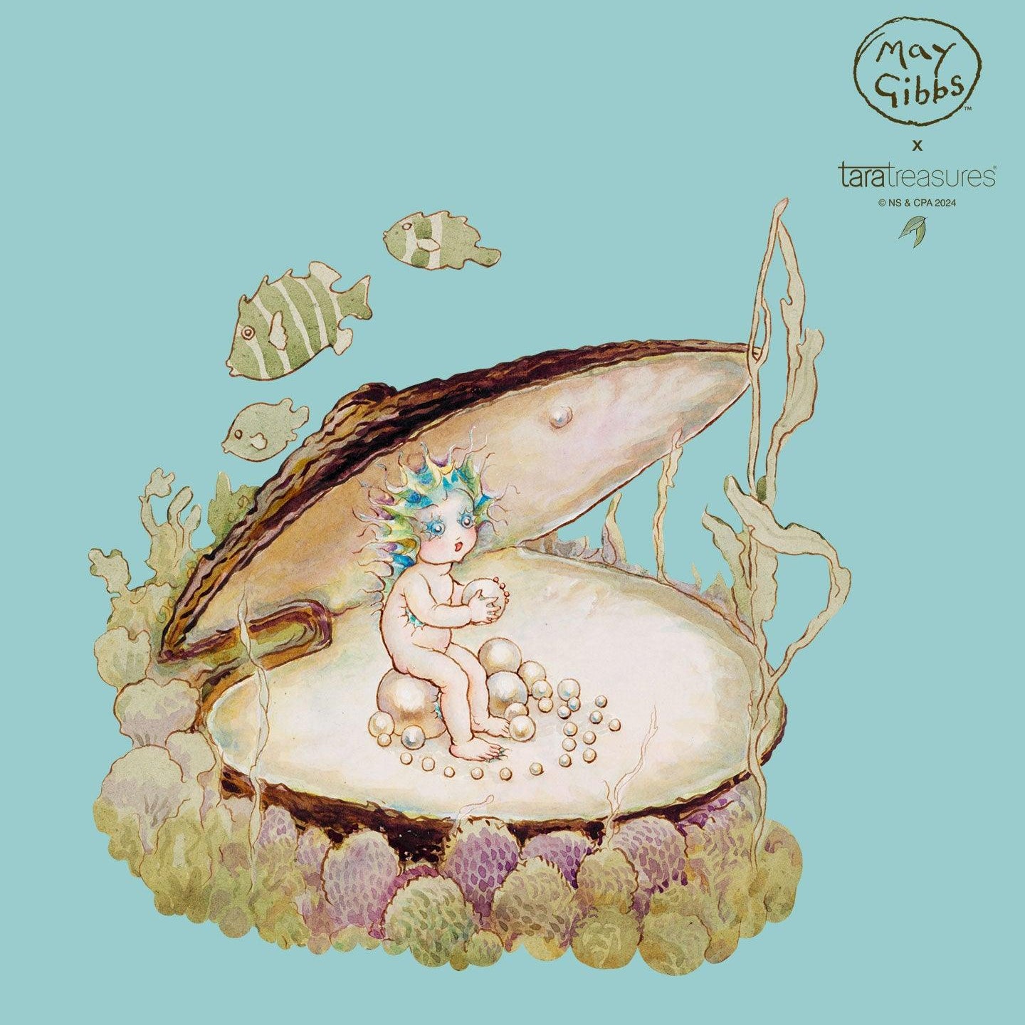 May Gibbs illustration of Little Obelia in her pearl shell home beneath the sea