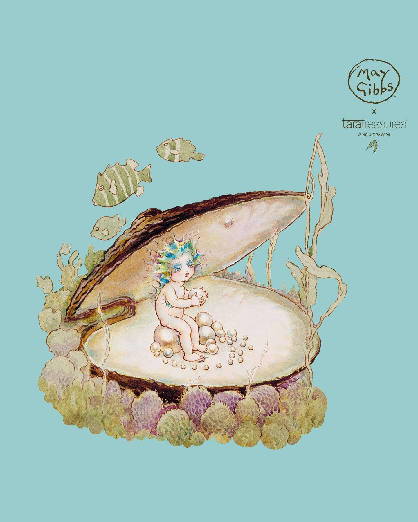 May Gibbs illustration of Little Obelia in her pearl shell home beneath the sea