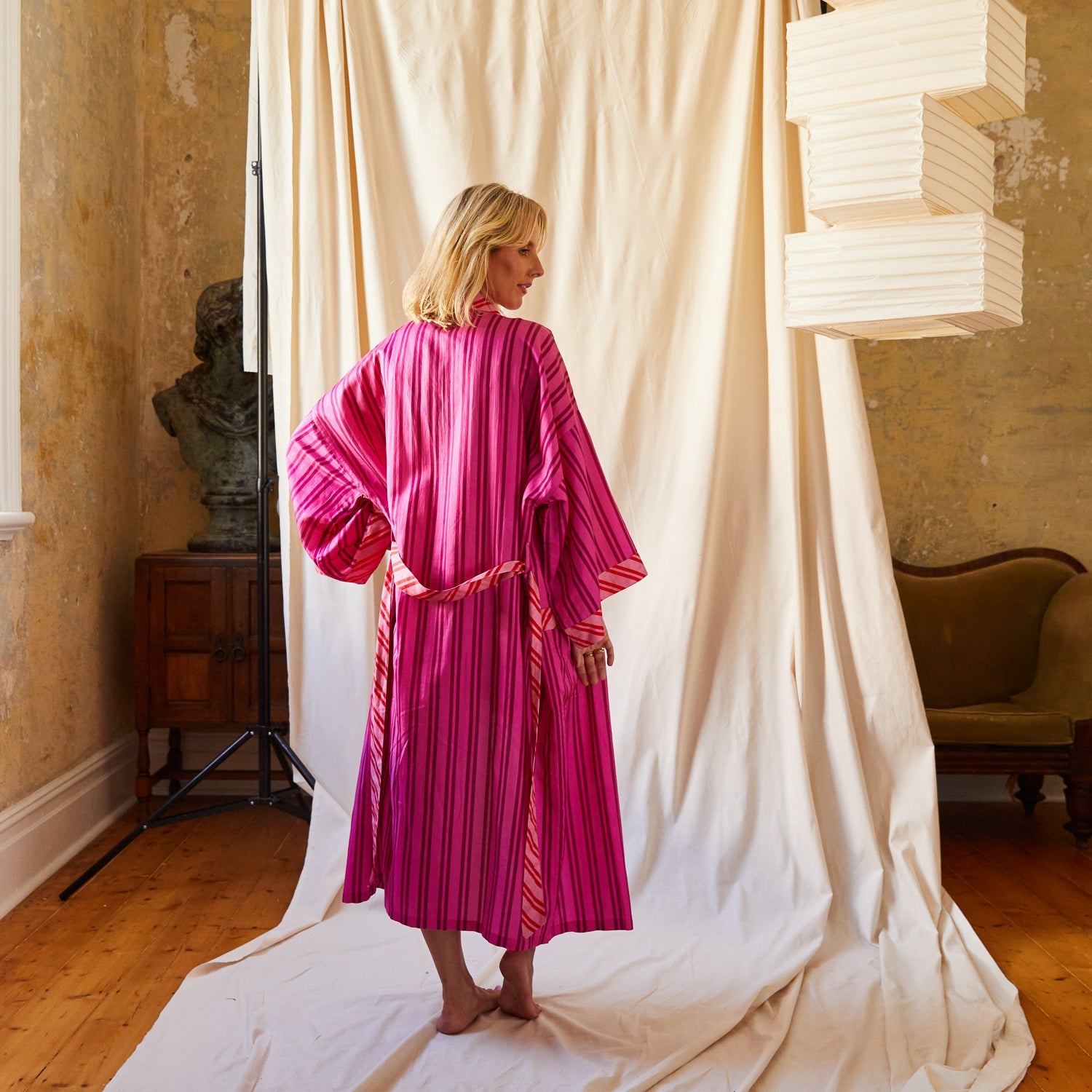 back detail shot Taylor Robe colorful trim piping elegant finishing touches