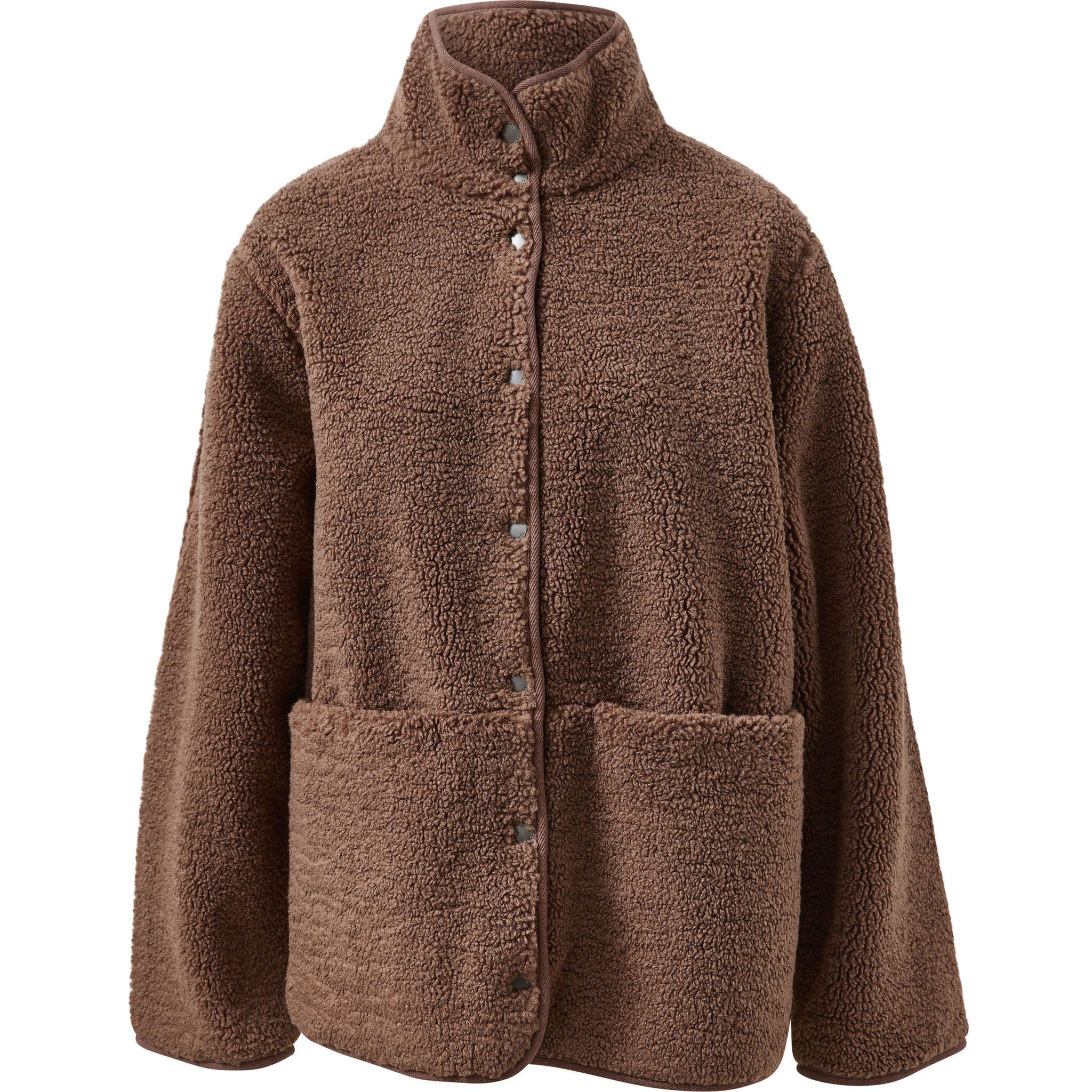 Flat lay of chocolate brown teddy jacket showing fuzzy sherpa texture and snap button front closure
