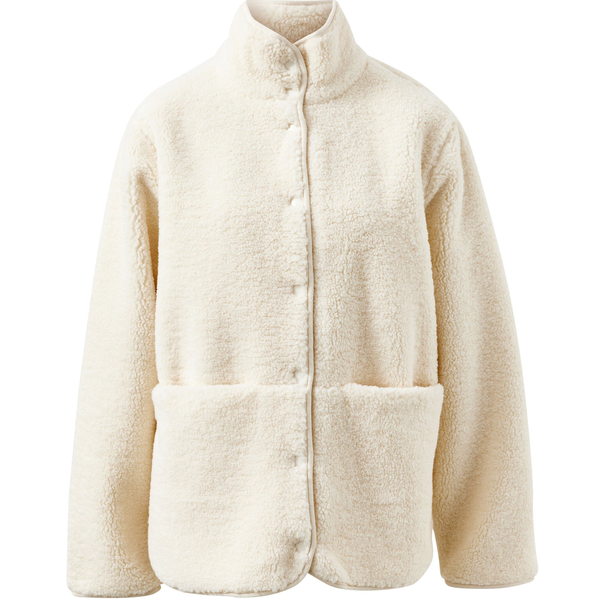 Front view of marshmallow teddy jacket showing button closure and cozy fleece texture