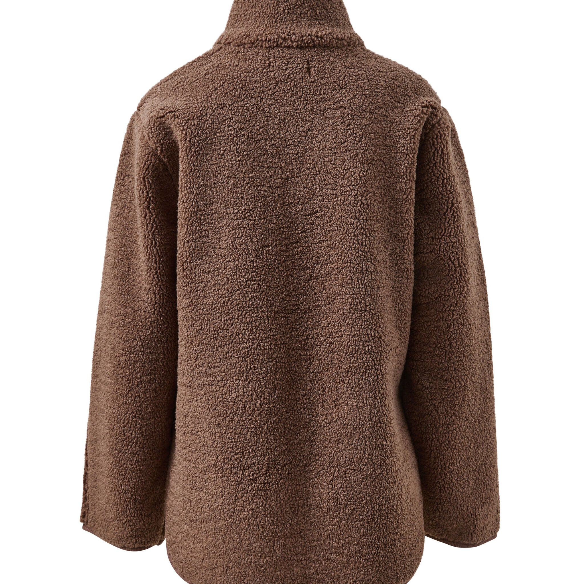 Back view of chocolate brown teddy jacket displaying oversized fit and soft sherpa fleece texture