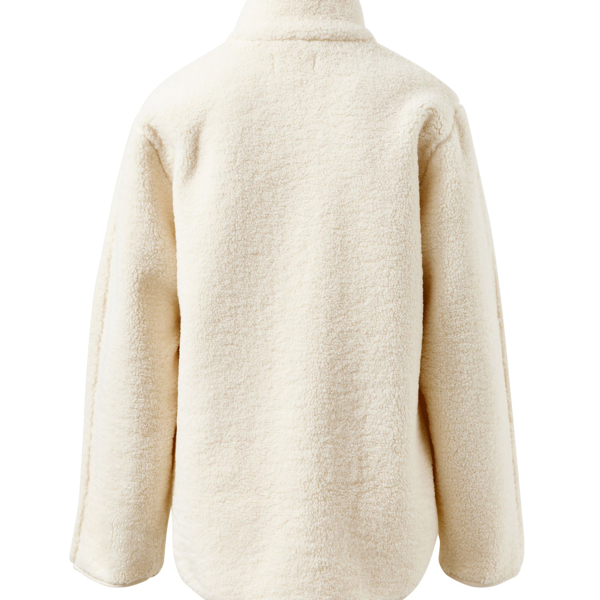 Back view of marshmallow teddy jacket displaying high collar and oversized silhouette