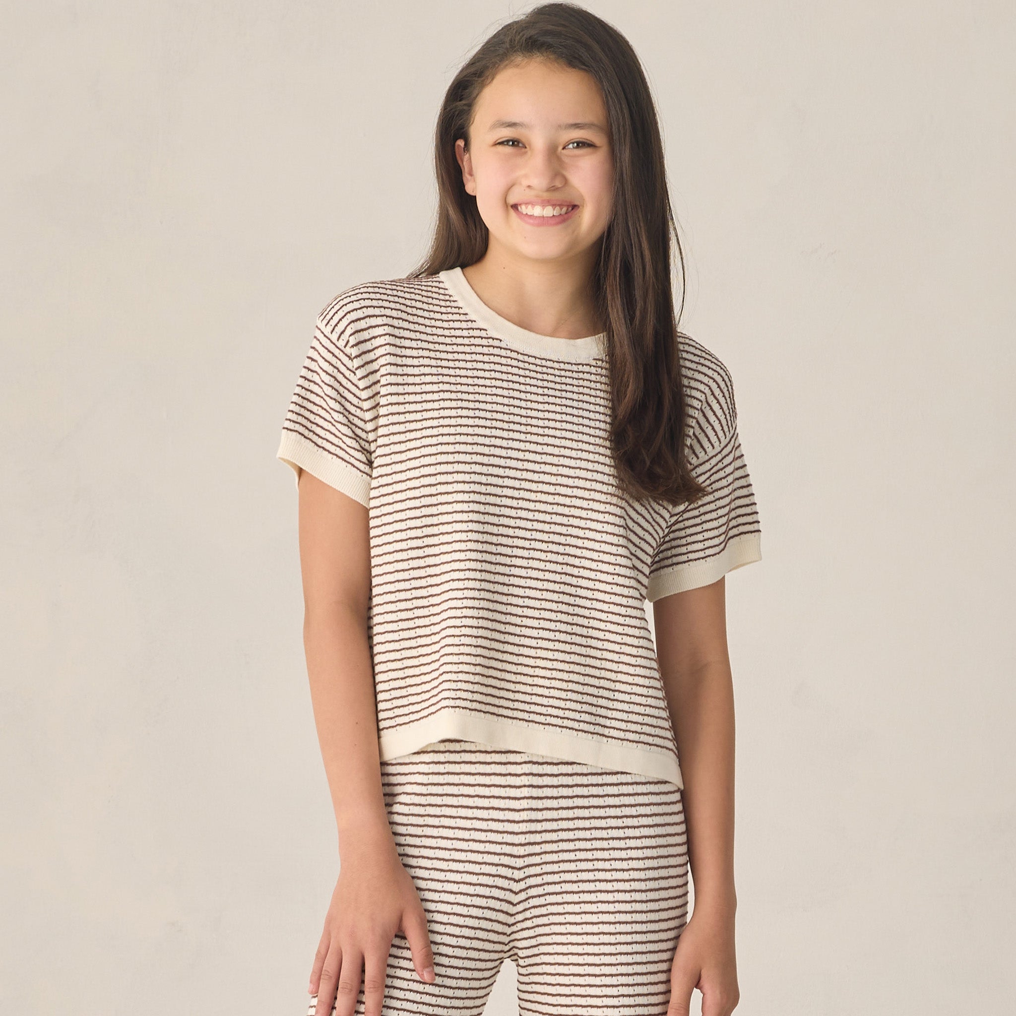 The Teen Boxy Crop Knit Tee in Chocolate Stripe by Rylee and Cru