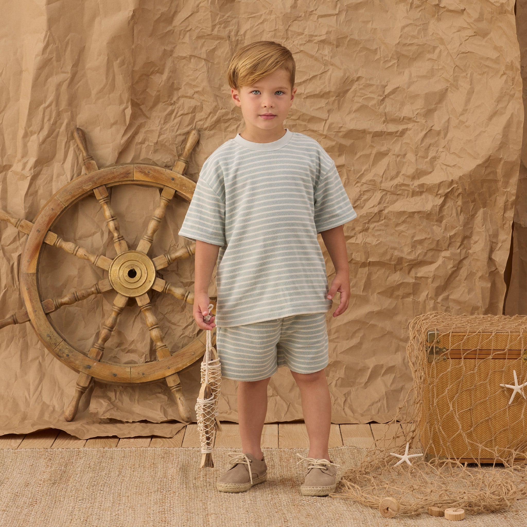 Boy wearing the Terry Relaxed Tee Seafoam Stripe | Rylee + Cru