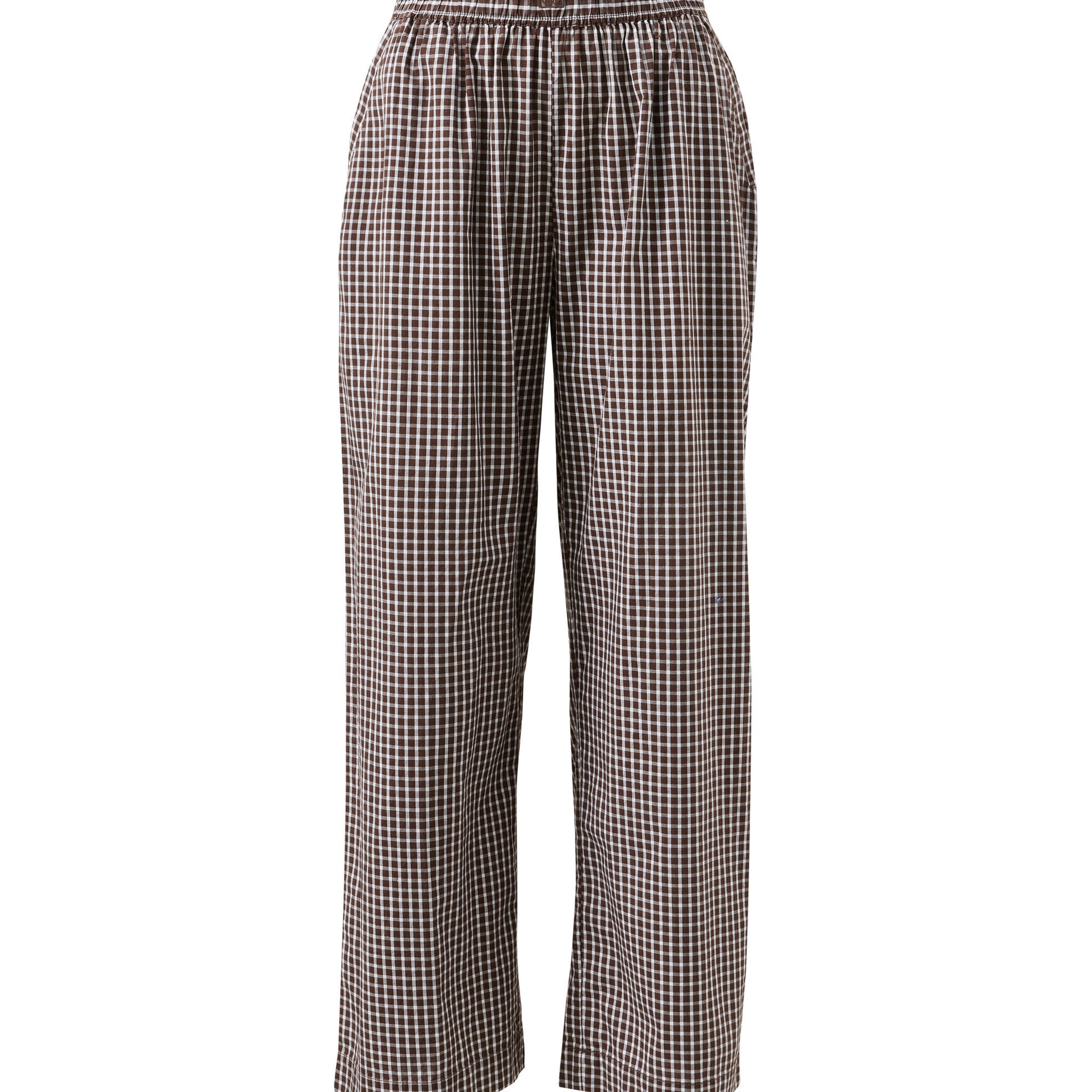 Front view flat lay of chocolate check lounge pants showing elastic waistband and relaxed fit