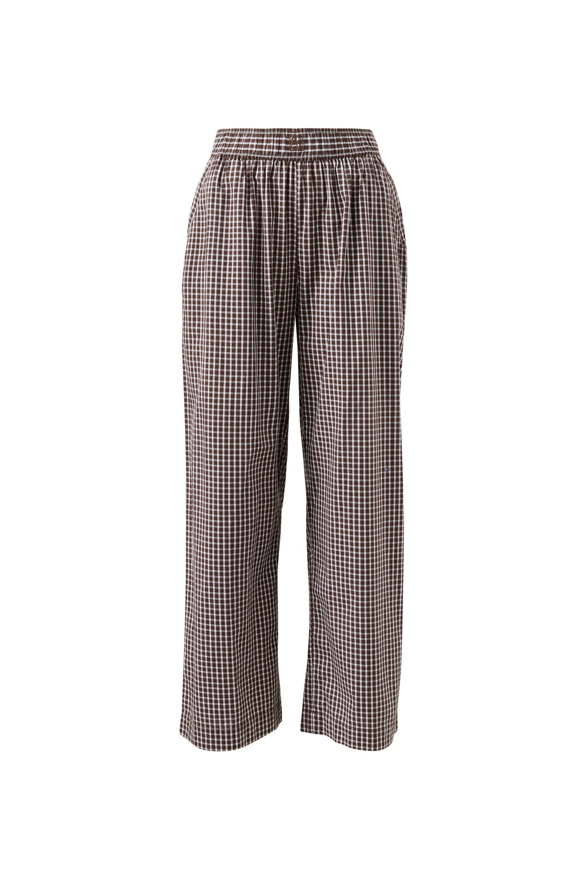 Front view flat lay of chocolate check lounge pants showing elastic waistband and relaxed fit