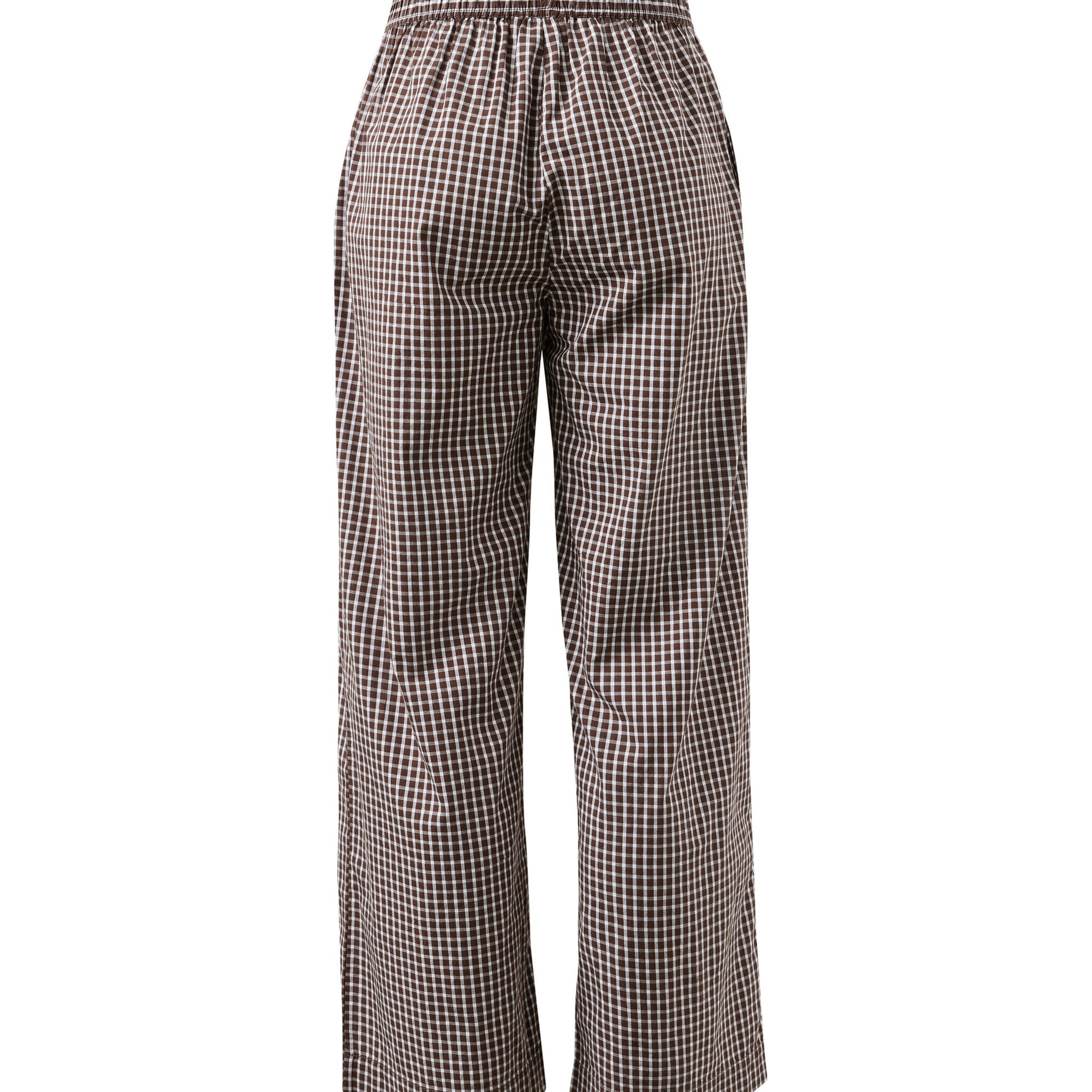 Back view flat lay of chocolate check lounge pants displaying gingham pattern and wide leg silhouette