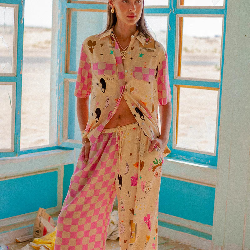 model wearing palm collective pants and matching top