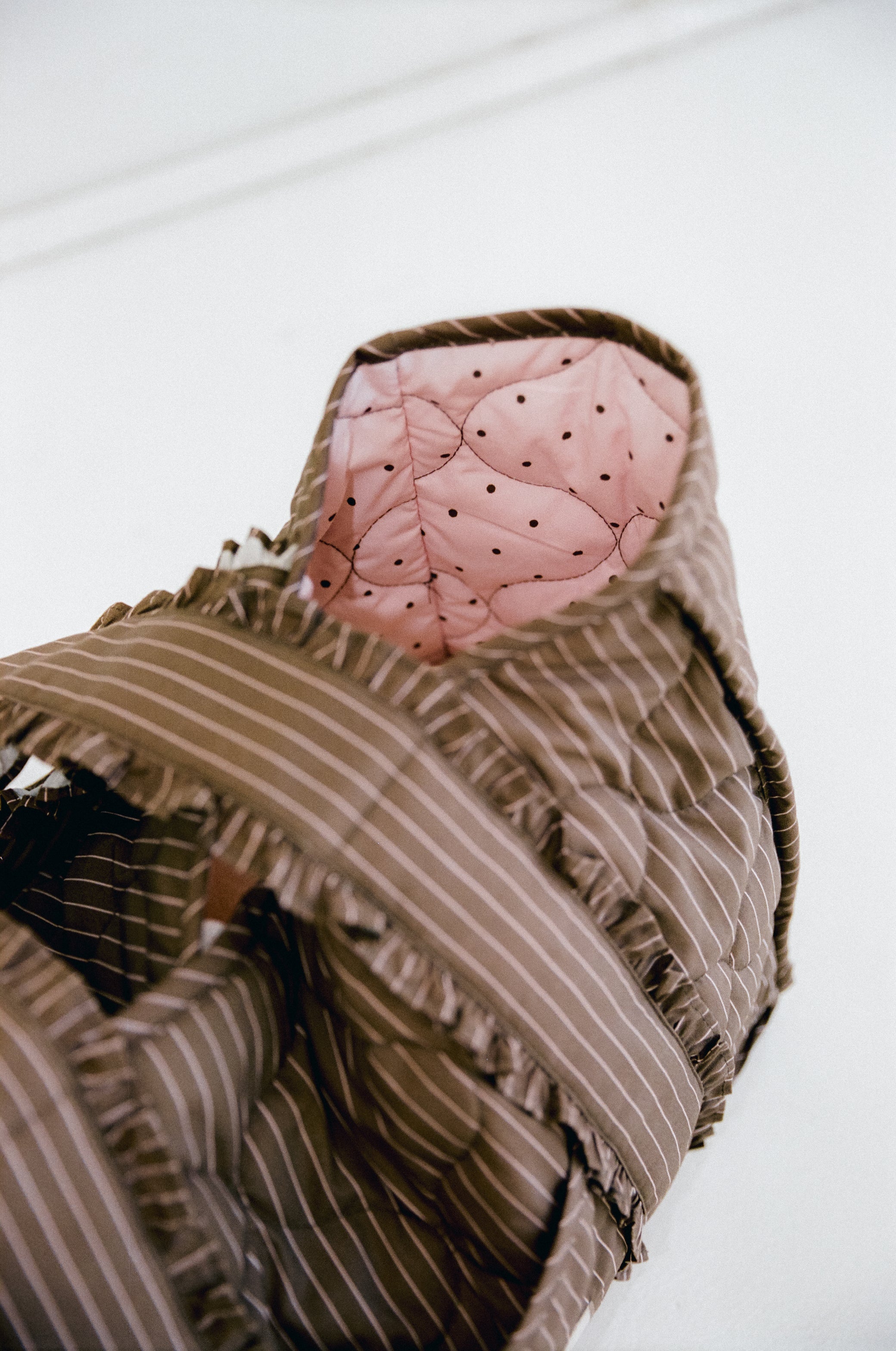 Cotton Quilted Brown bag with pink polka dots inside by Juni