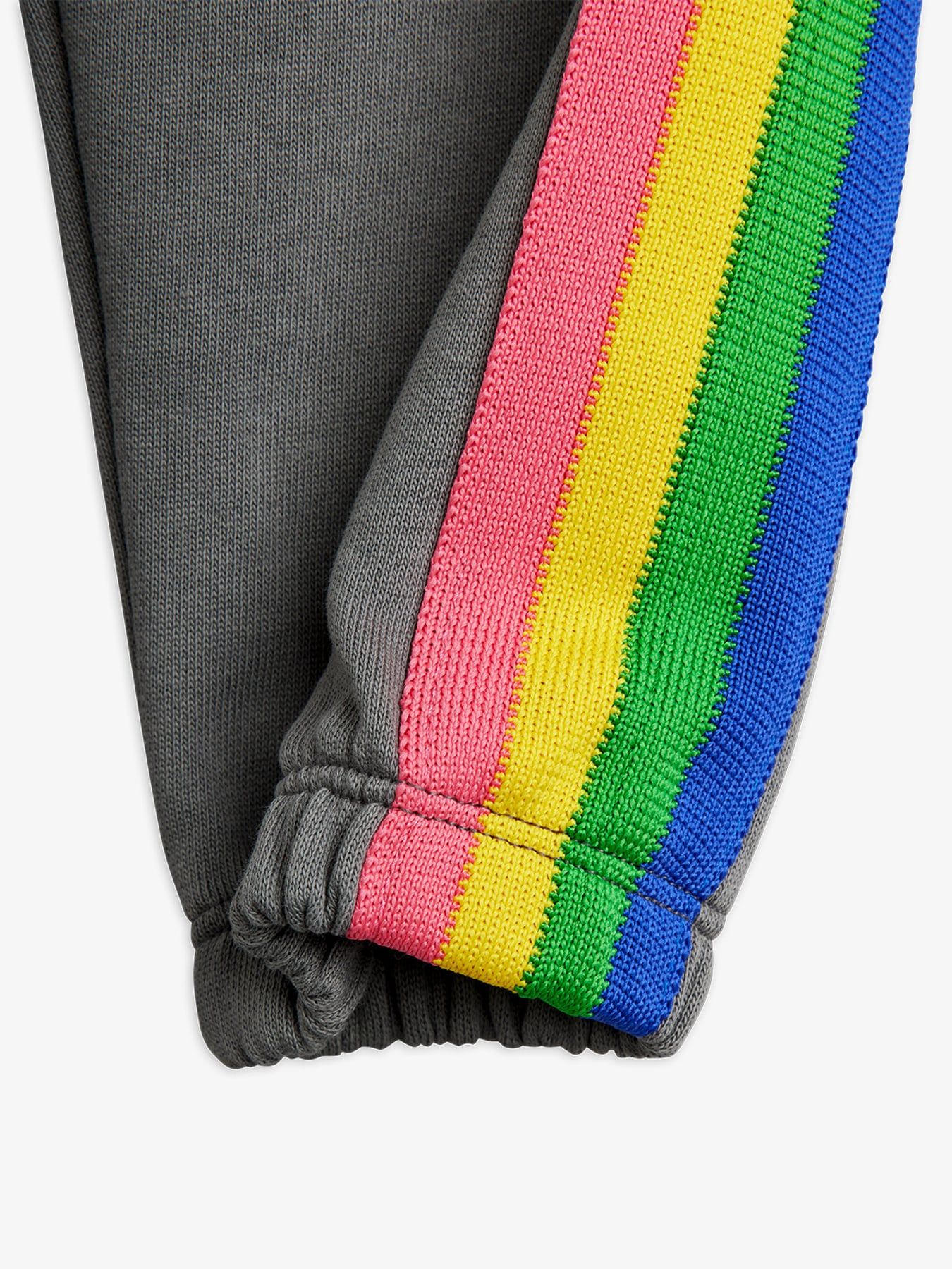 rainbow coloured stripe detail on The Milky Way Rainbow Panel Sweatpants – Grey by Mini Rodini