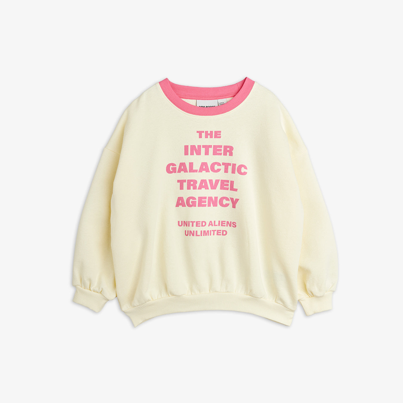 Travel Agency Contrast Rib Sweatshirt in Off-White with pink text by Mini Rodini