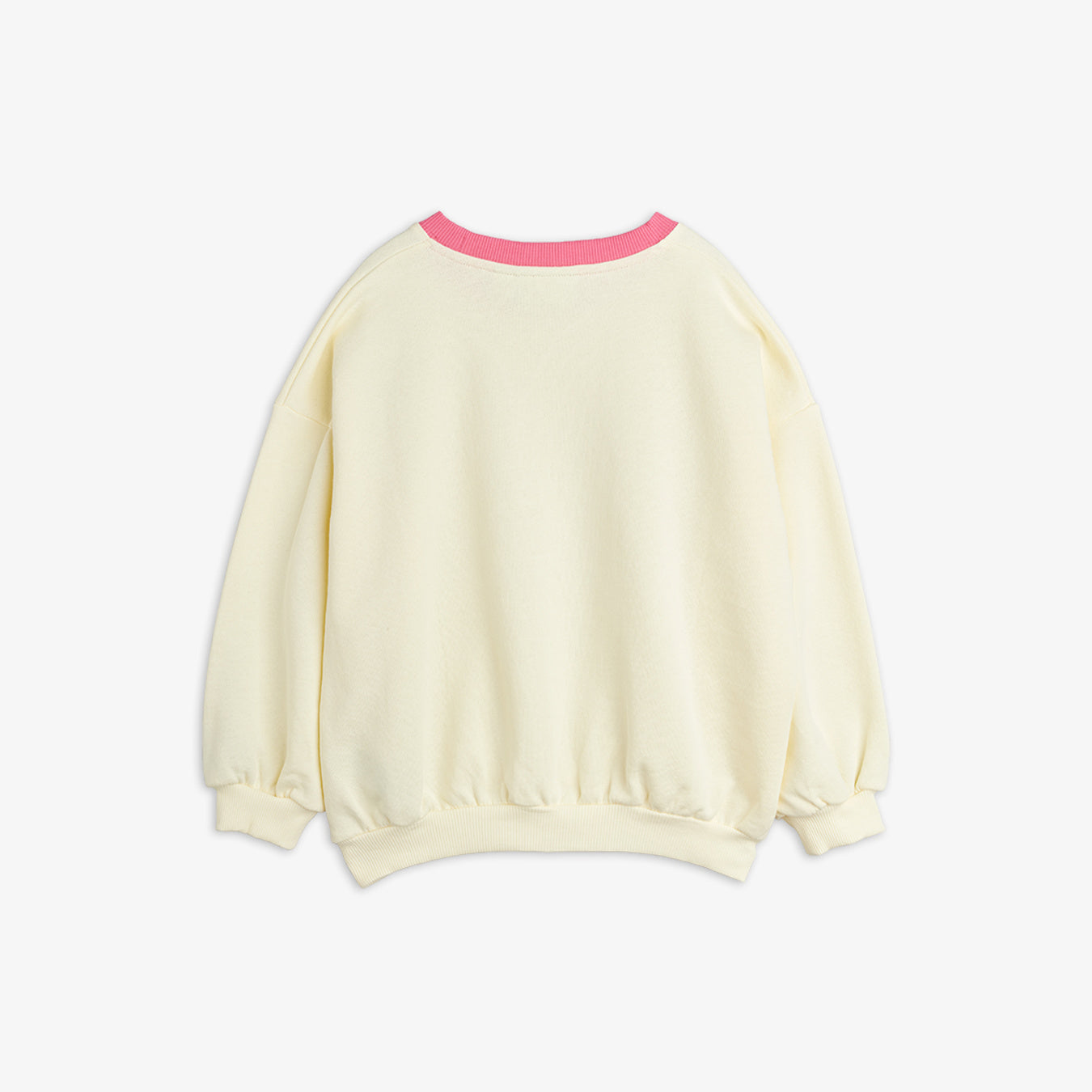 Back view of Travel Agency contrast rib sweatshirt showing pink ribbed neckline and cuffs