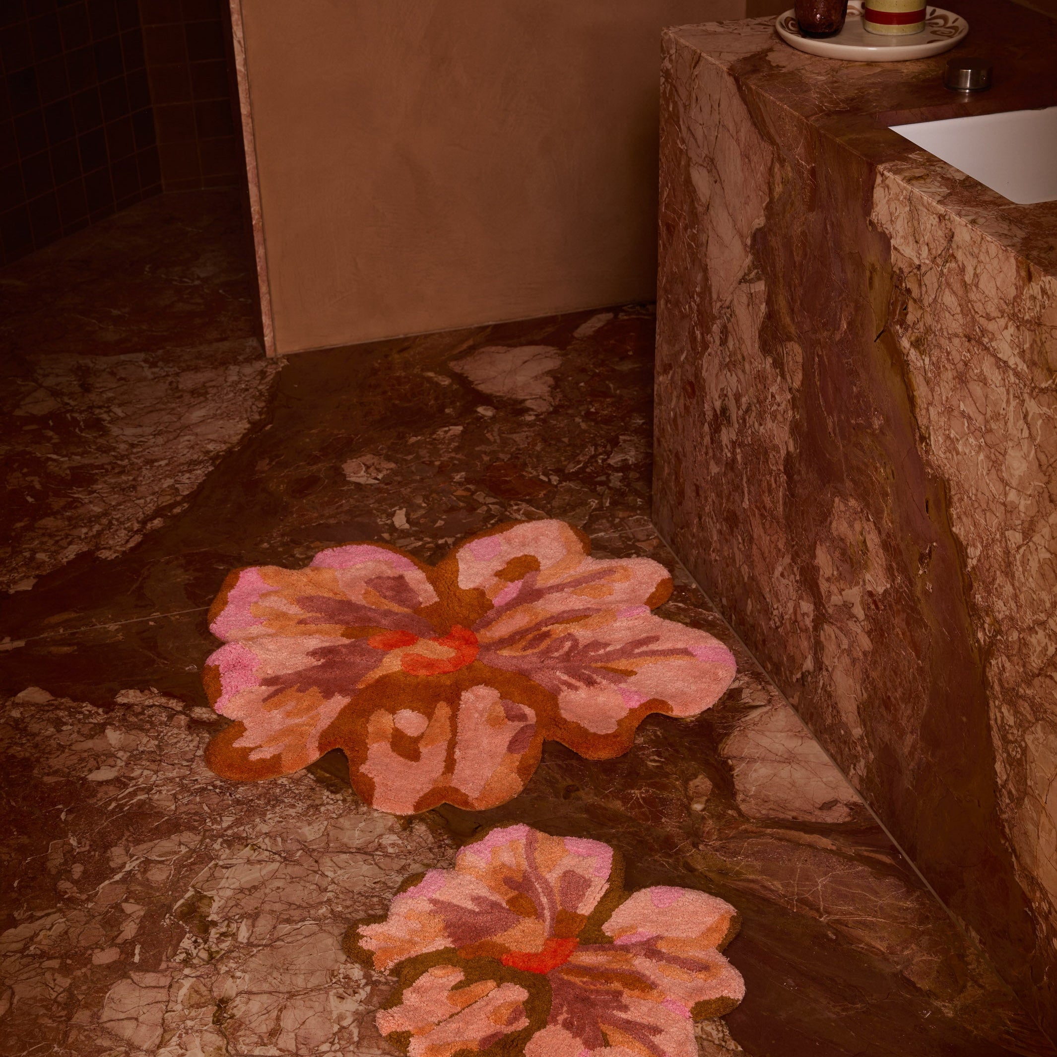 Tulip Tan Bath Mat by Bonnie & Neil featuring hand tufted cotton in warm tan and pink floral design