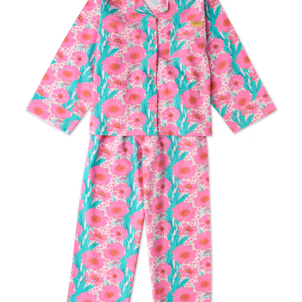 Tumbling Flowers Pink Flannelette Long Sleeve Shirt & Pant Pyjama Set