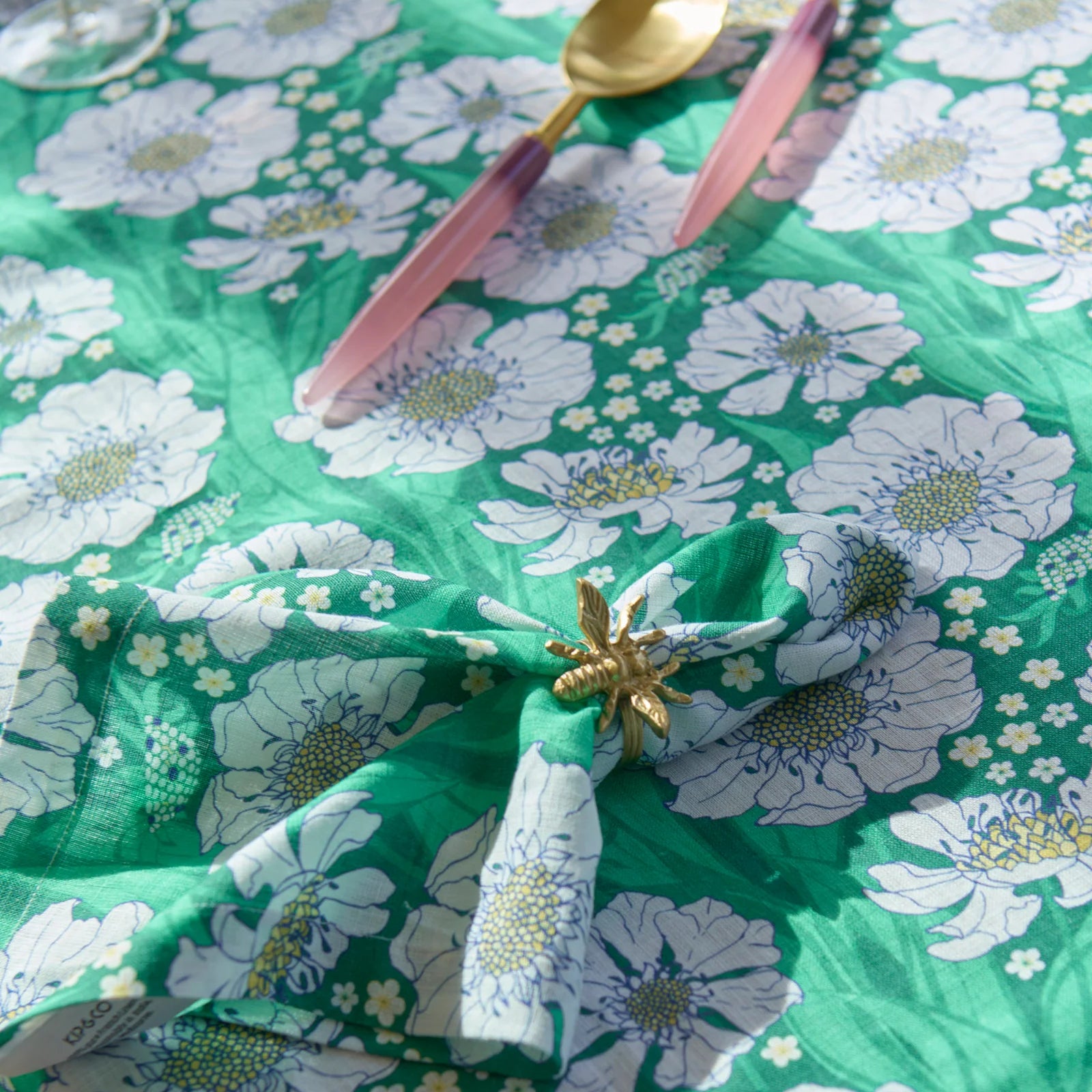 details of Tumbling Flowers Green Linen Tablecloth by Kip & Co