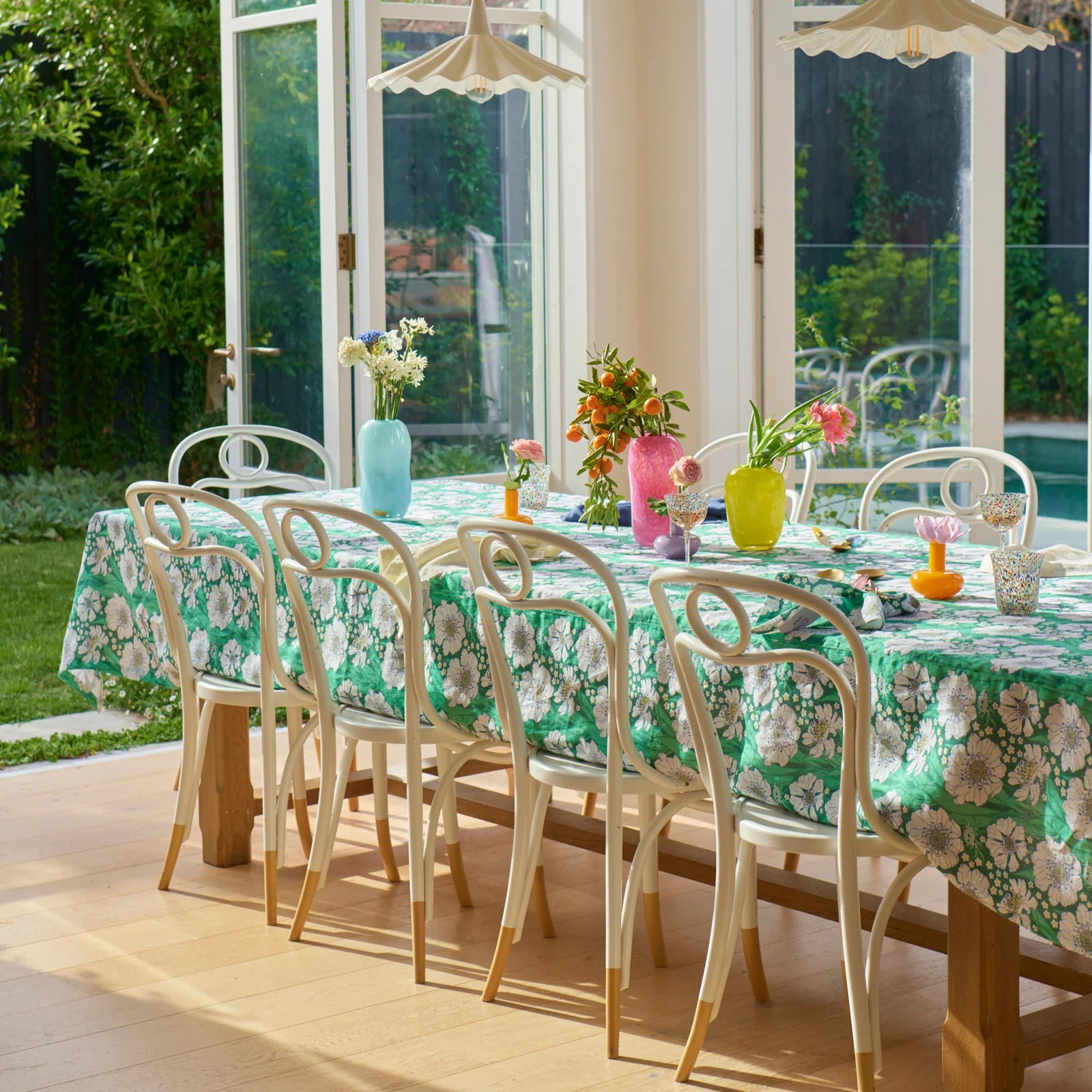 luxurious linen tablecloth with green and white floral patttern